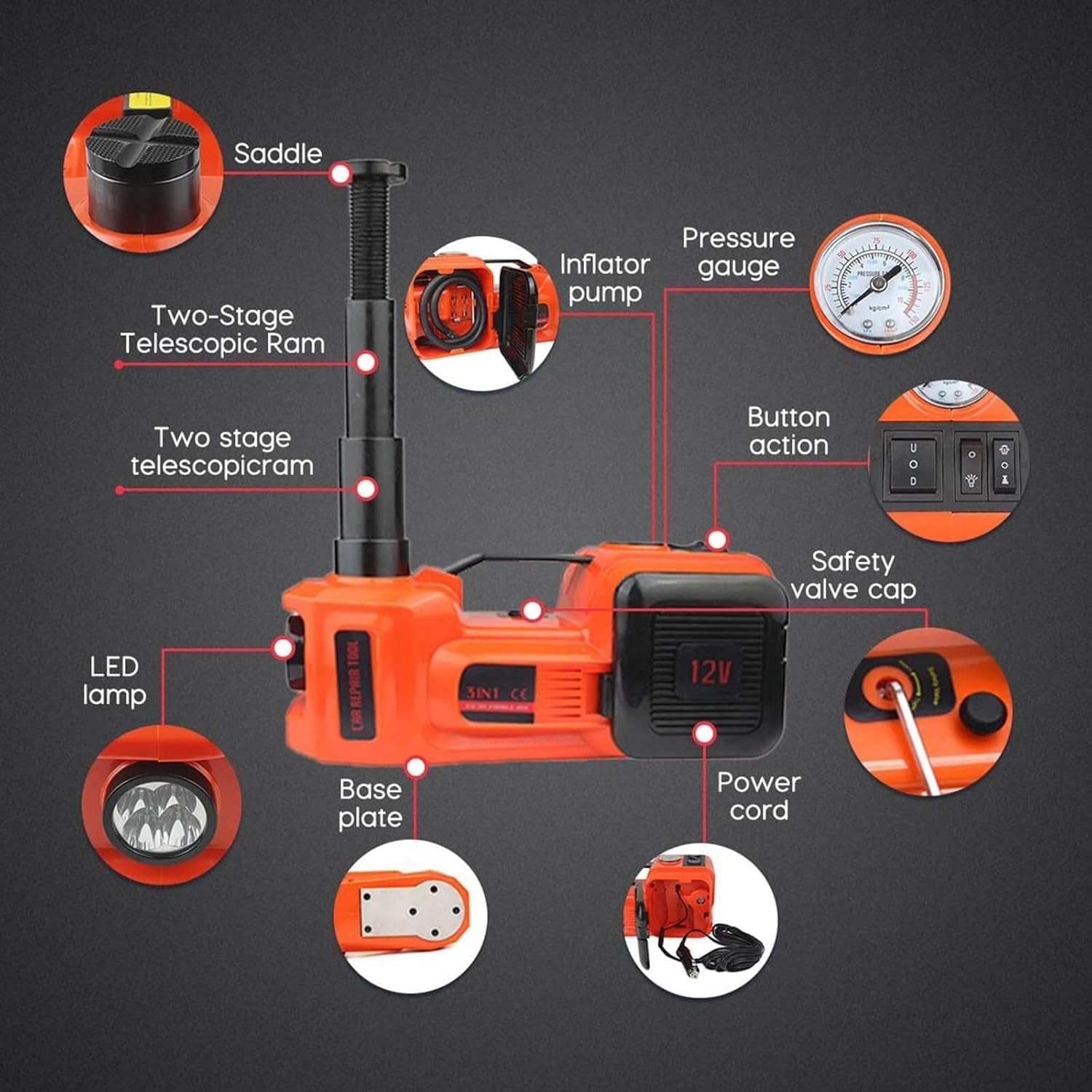 Zestaw hydraulicznych podnośników samochodowych – podnośnik elektryczny 5 ton z funkcją oświetlenia i pompowania do awaryjnej wymiany opon i napraw garażowych