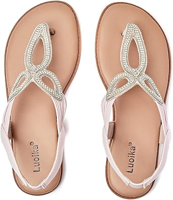 Luoika Womens Wide Width Rhinestone Flat Thong Sandals