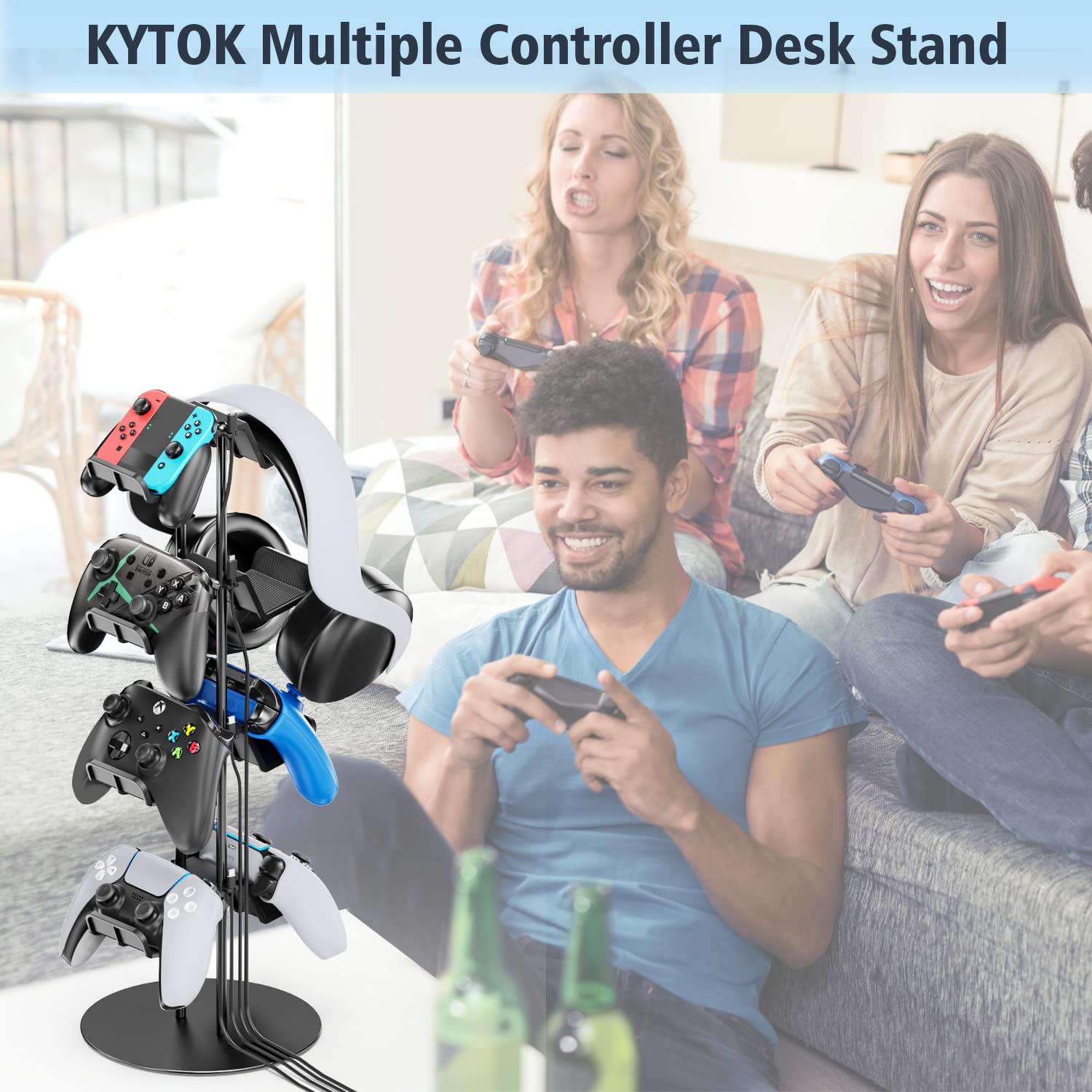 Kytok Stojak na kontroler, 4 poziomy z organizerem na kable na biurko, uniwersalny stojak na kontroler, kompatybilny z Xbox, PS5, PS4, Nintendo Switch, uchwytem na słuchawki i uchwytami biurkowymi na