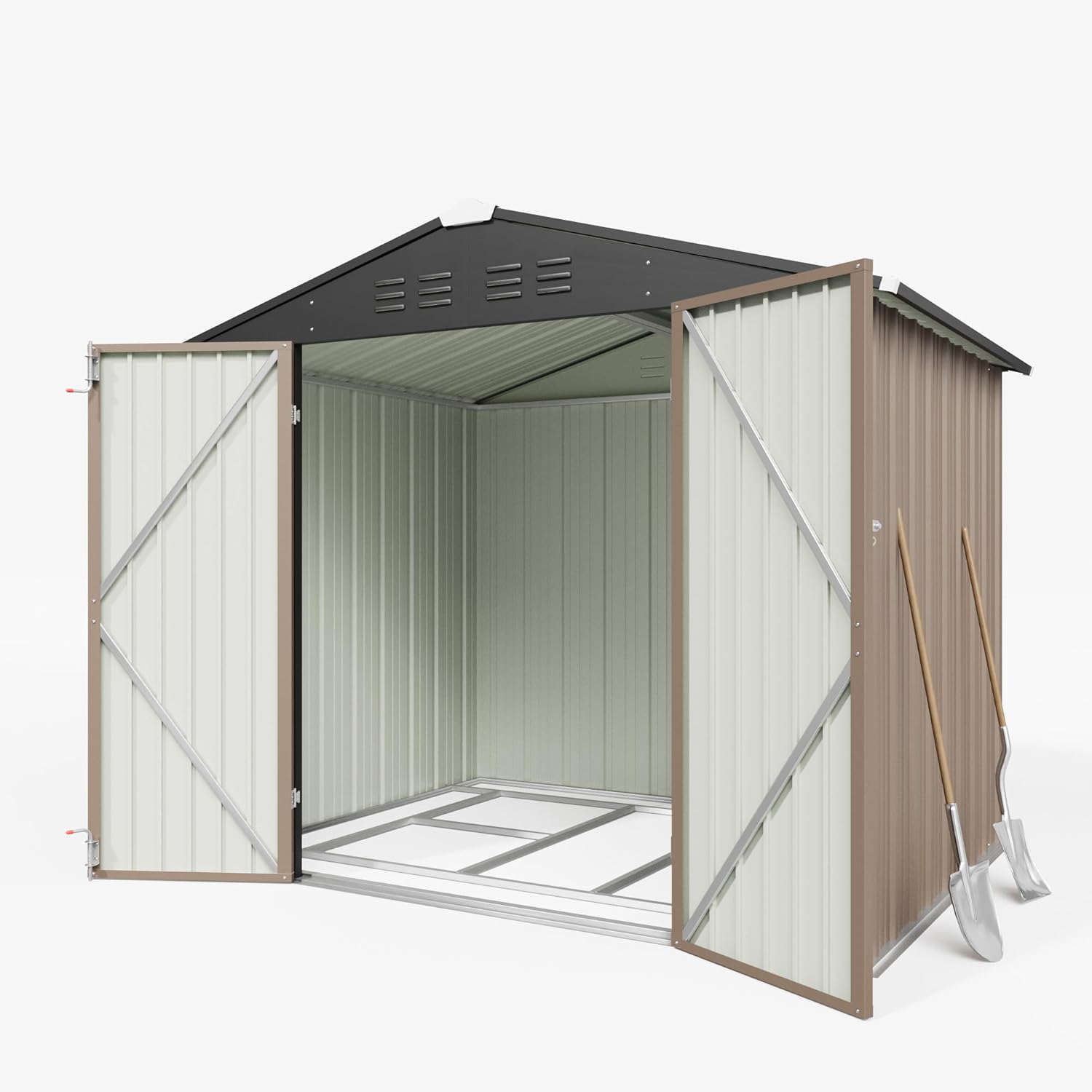 Greesum 8x6FT Outdoor Storage Shed with Base, Utility Tool Shed with Sloping Roof, Metal Storaged Garden Shed with Door & Lock for Patio Storage, Brown