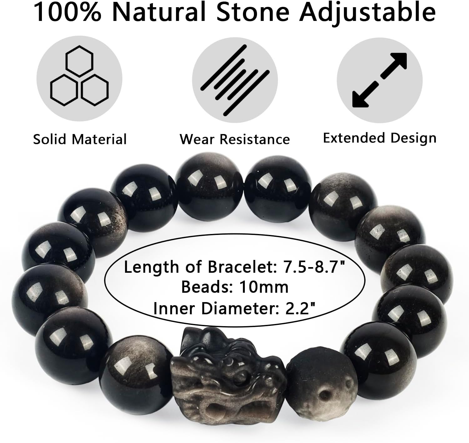 Natural Obsidian Bracelet For Men 10MM | Adjustable Stone Beaded Bracelet | Handmade Obsidian Stretch Elastic Bracelet for Men Women Gifts | with Dragon-Head Sculpture | Black and Silver 7.5" - Image 3