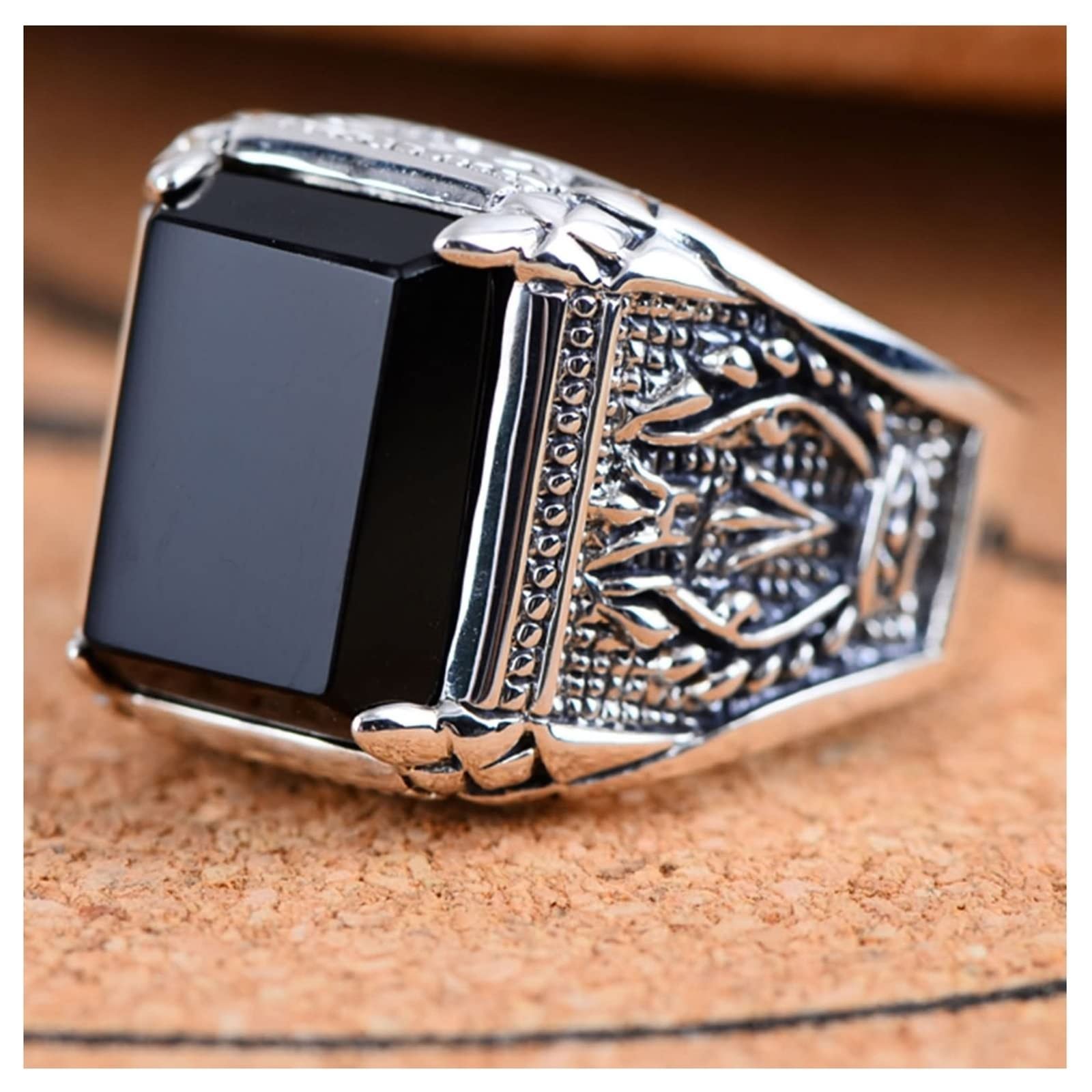 Anello da uomo in argento 925, da uomo, stile retrò, agata nera con filigrana, anello di fidanzamento da uomo, 18 (18,5), Zirconia cubica