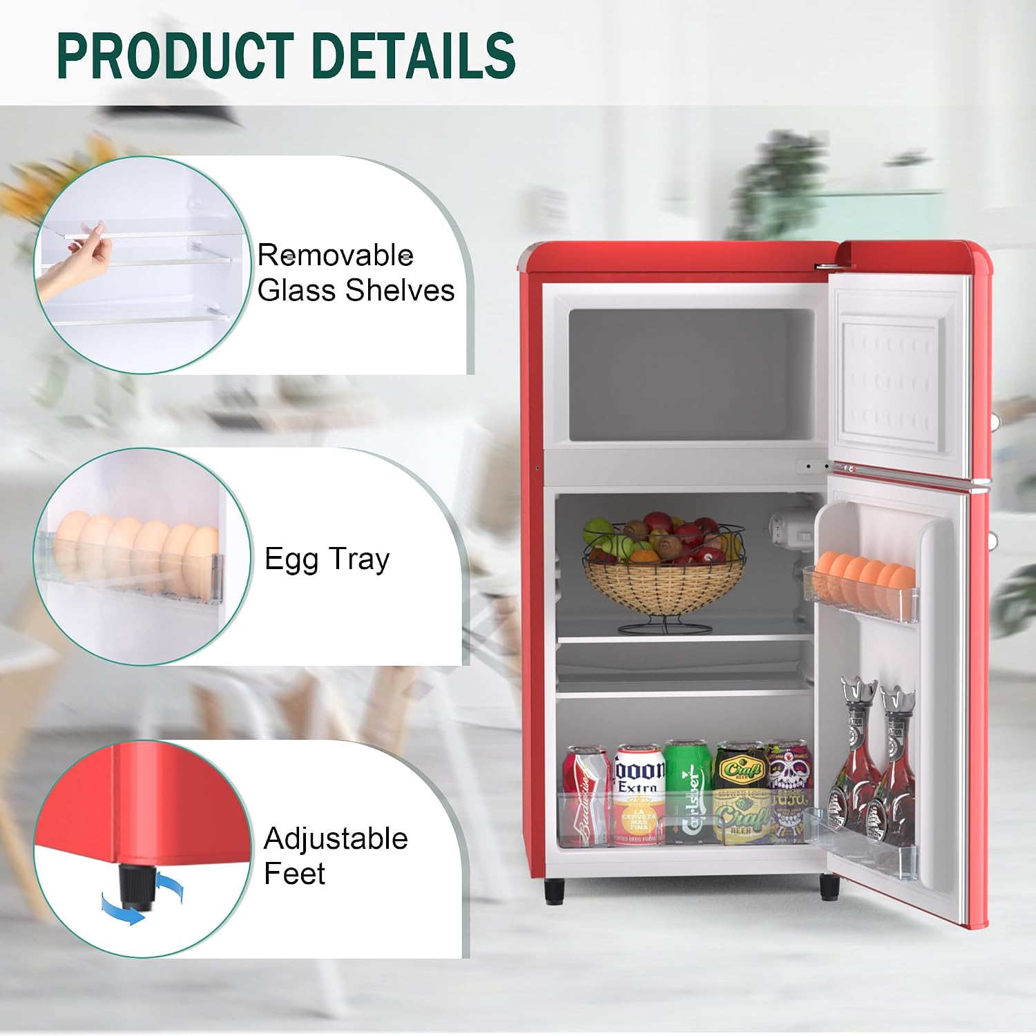 Maine Retro Mini Fridge with Freezer, 2-Door Retro Mini Refrigerator with Upper Freezer 3.9 Cu. Ft. Compact Retro Fridge with Adjustable Thermostat, Retro Small Fridge for Dorm, Office, Bedroom(Red)