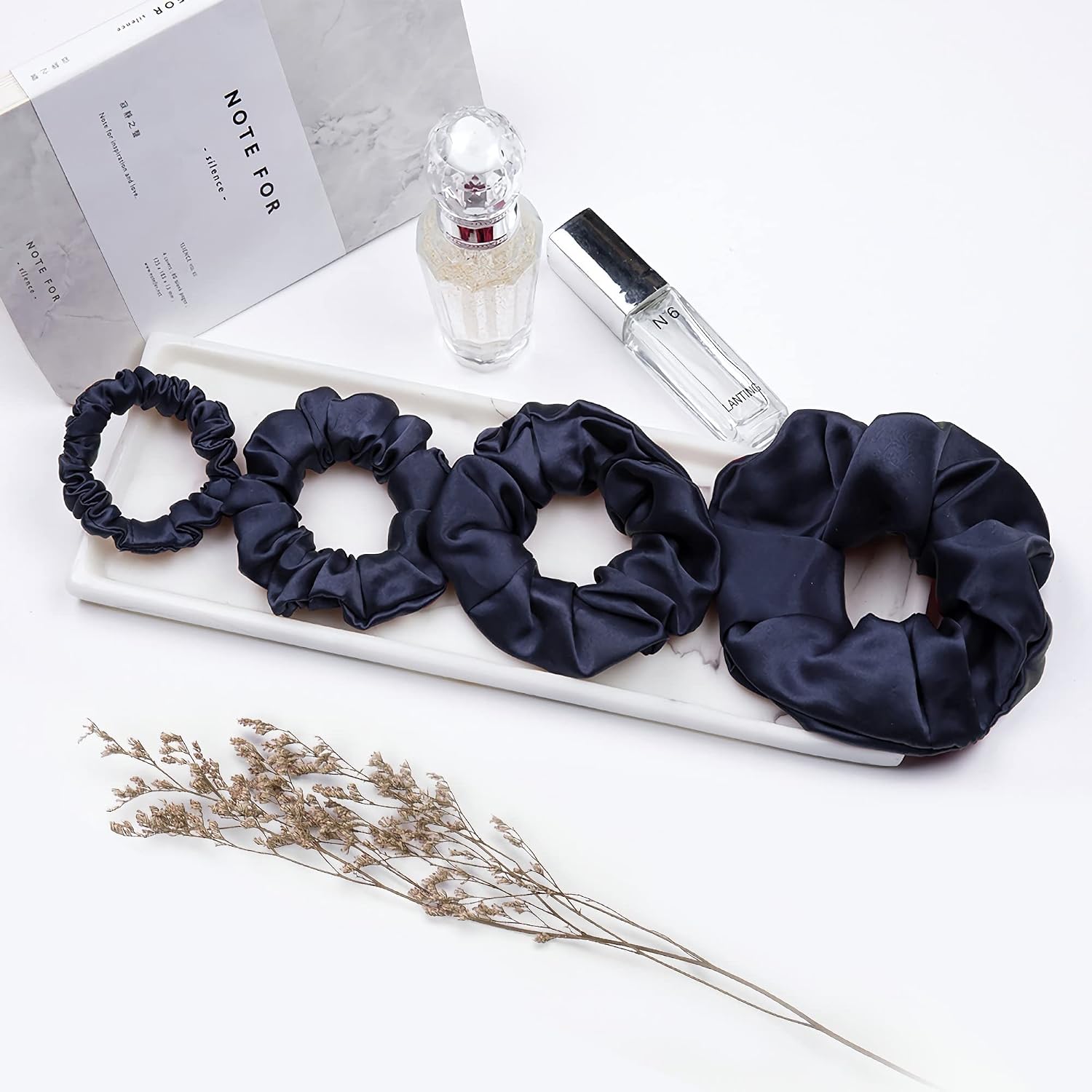 LILYSILK Silk Hair Scrunchies for Frizz & Breakage Prevention 100% Mulberry Silk Hair Ties No Damage Elastic Silk Ponytail Holders, Navy Blue, 4PC