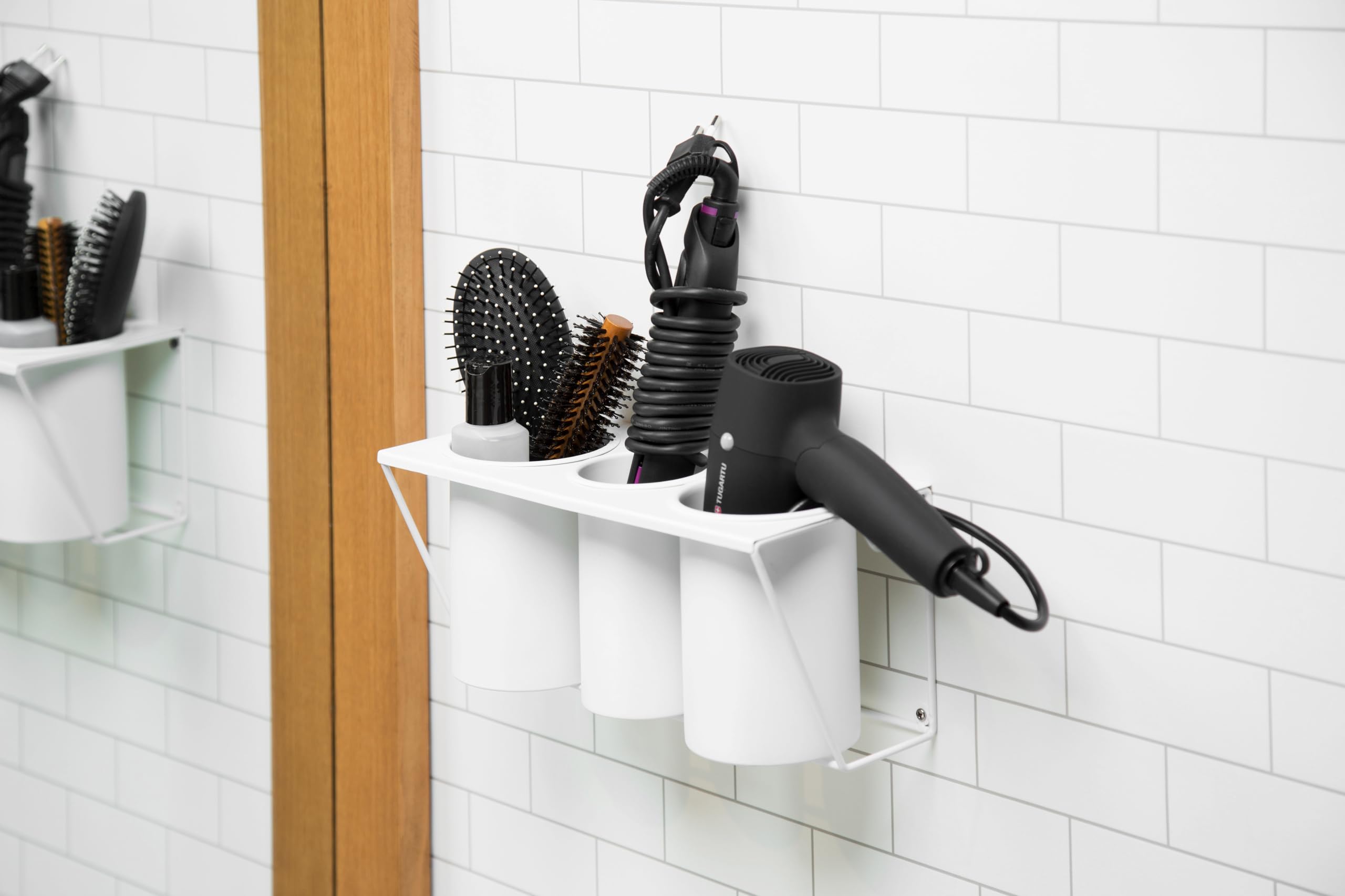 JACKCUBE Design supporto da parete per asciugacapelli per lo styling dei capelli, organizer per la cura del prodotto, accessori per il bagno, in acciaio, supporto per asciugacapelli: MK470 (bianco)
