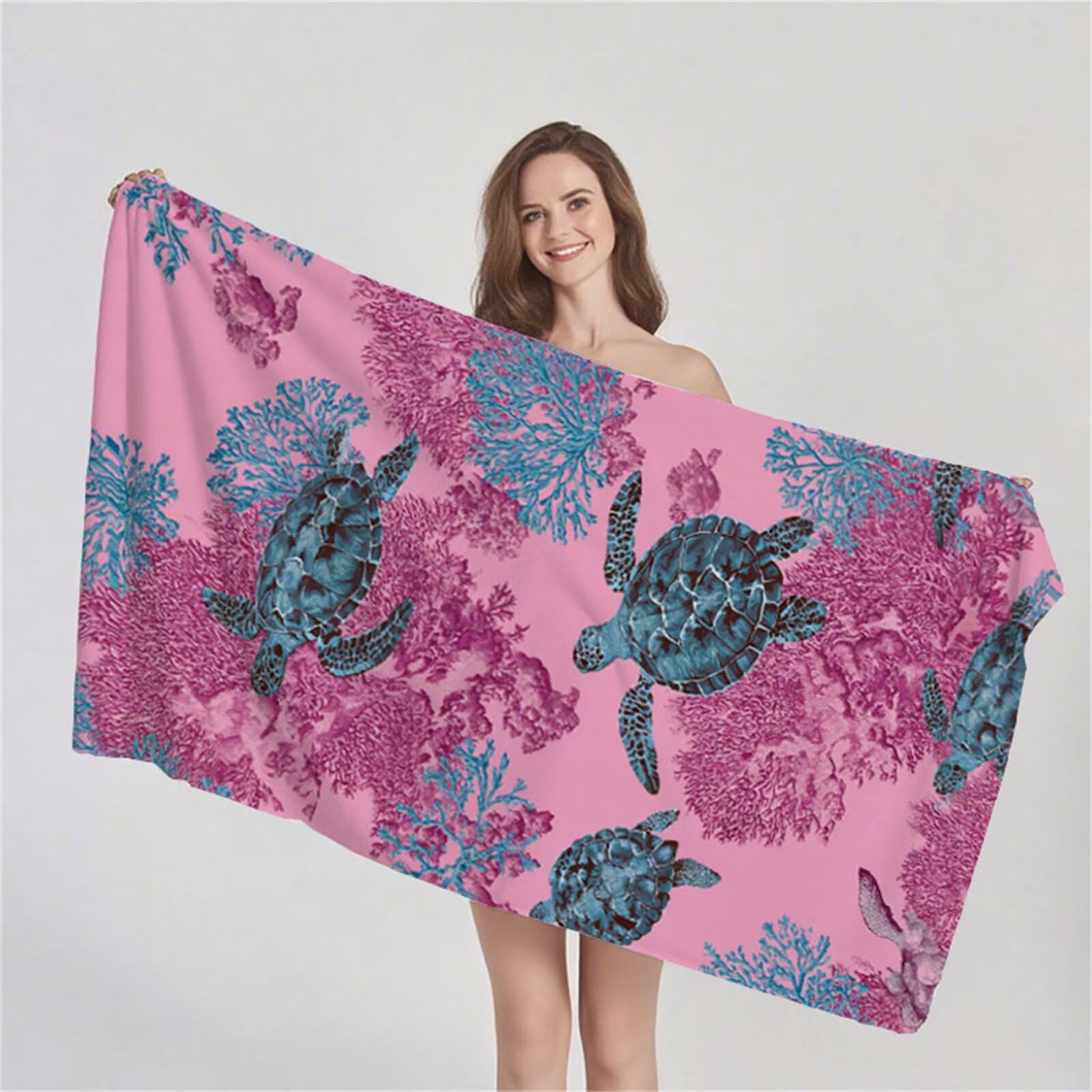 Telo Mare Microfibra 90x180 cm Telo Mare Grande, Asciugamano Palestra Assorbente Asciugatura Rapida, Asciugamano Mare Antisabbi Stuoia Spiaggia per Piscina, Viaggio 2 Set- Tartaruga Rosa G1-976