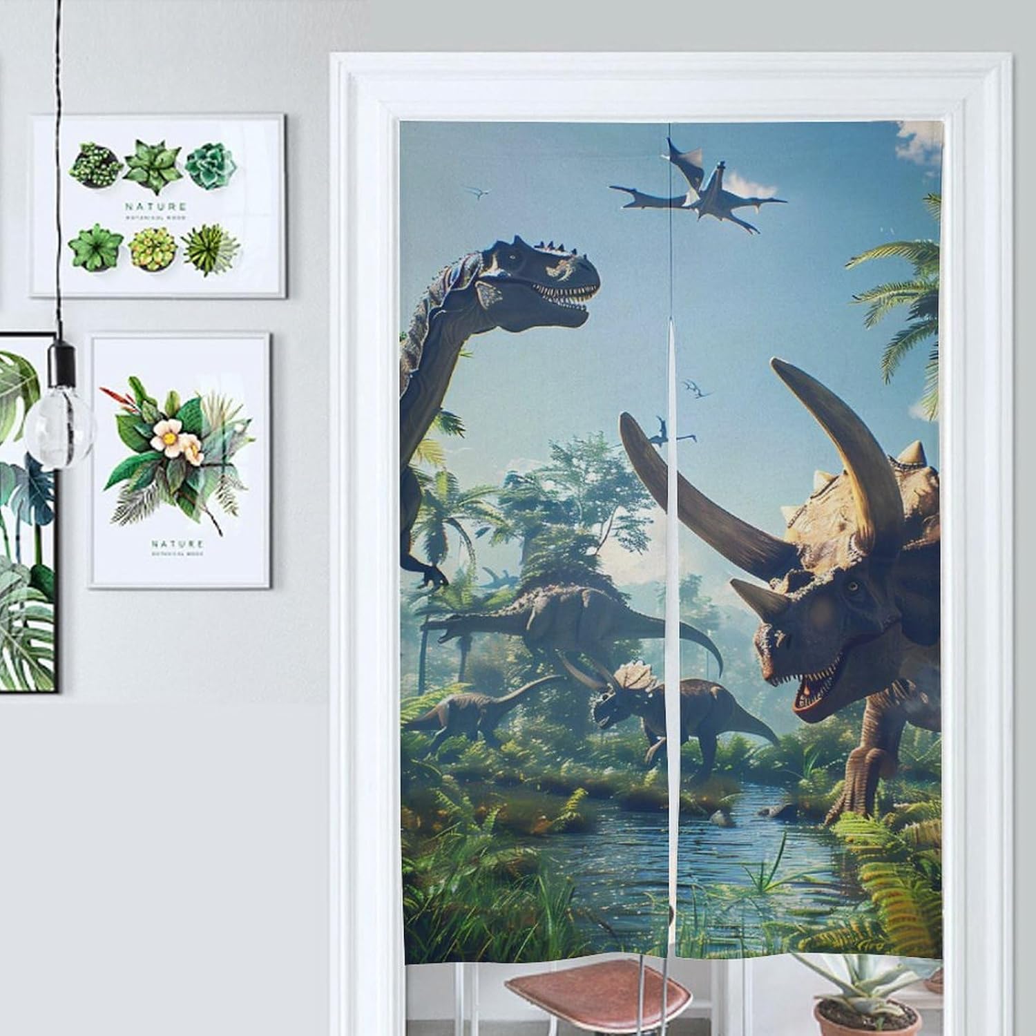 Dinosaurs Triceratops Pterosaur Noren Doorway Split Shower Curtain Long Type Window Treatment for Privacy Partition Divider