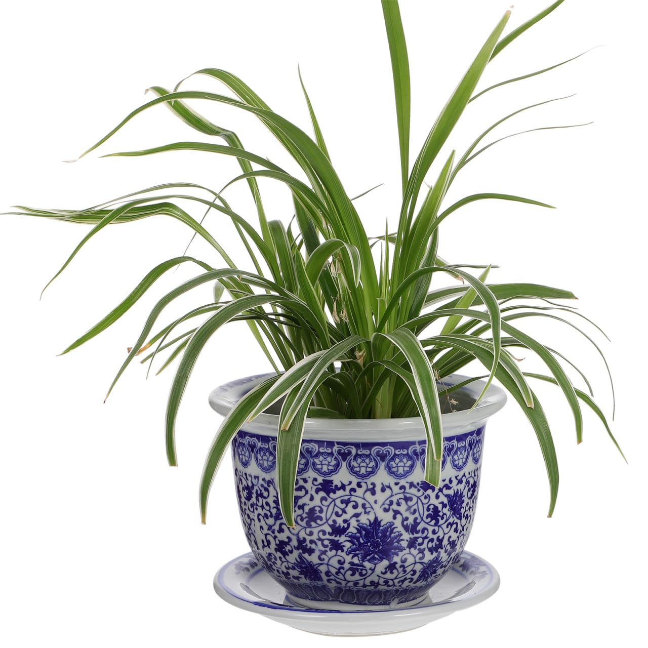 VANZACK Blau-weißer Blumentopf aus Keramik, chinesische Blumentöpfe aus Keramik mit Tablett, dekorativer Blumentopf für drinnen und draußen, Schreibtisch, Garten, Balkon