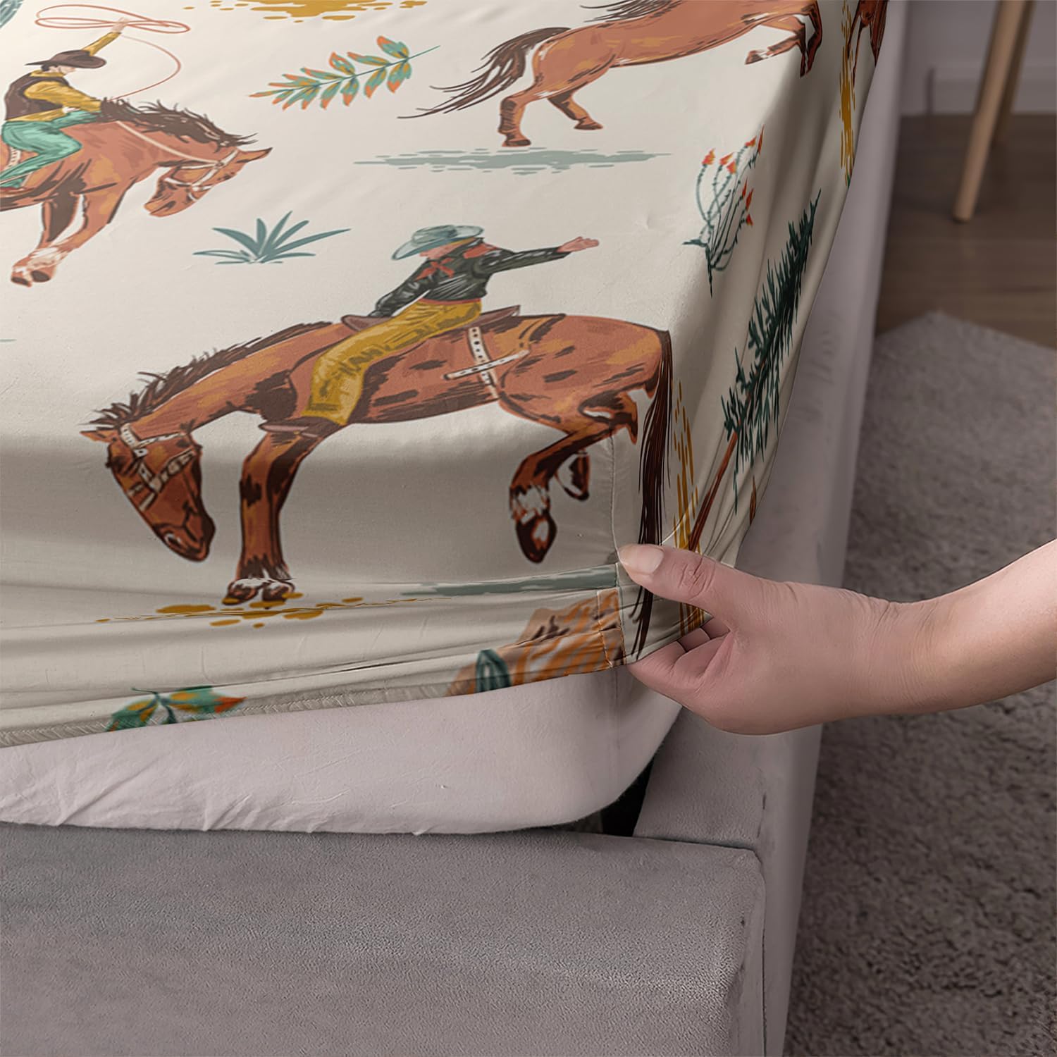 AILONEN Western Cowboy Fitted Sheet Set for Boys,Girls,3Pcs American Wild West Desert Hand Drawn Illustration Bedding Set Twin XL Size, Retro Farmhouse Style Bed Sheet Set,1 Sheet Set + 2 Pillowcase - Image 3