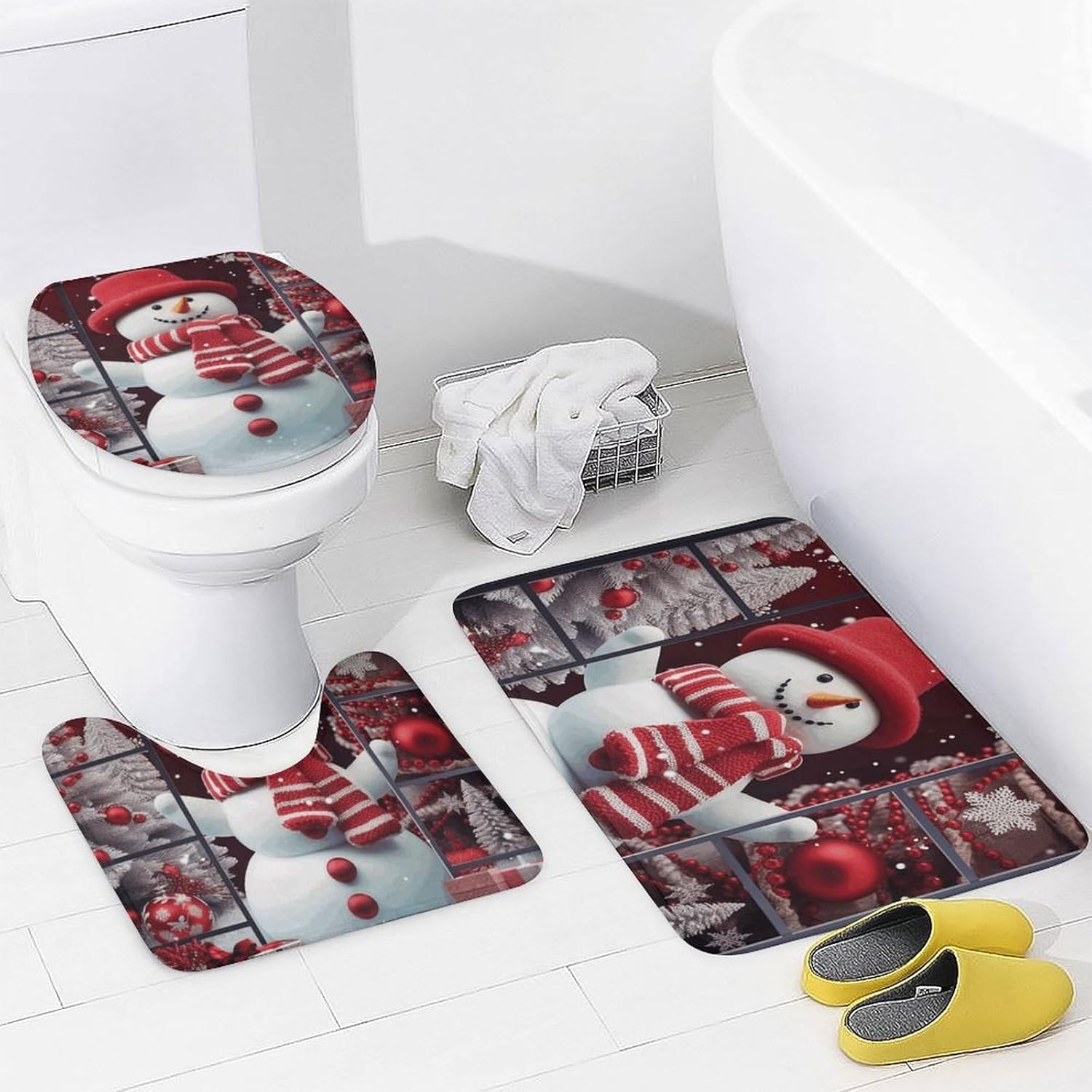 Snowman Outside The Window Shower Curtain Set 4 Piece, Non-Slip Bath Mat with Toilet Lid Cover and Waterproof Shower Curtain with 12 Hooks, Complete Bathroom Set for Home Decor