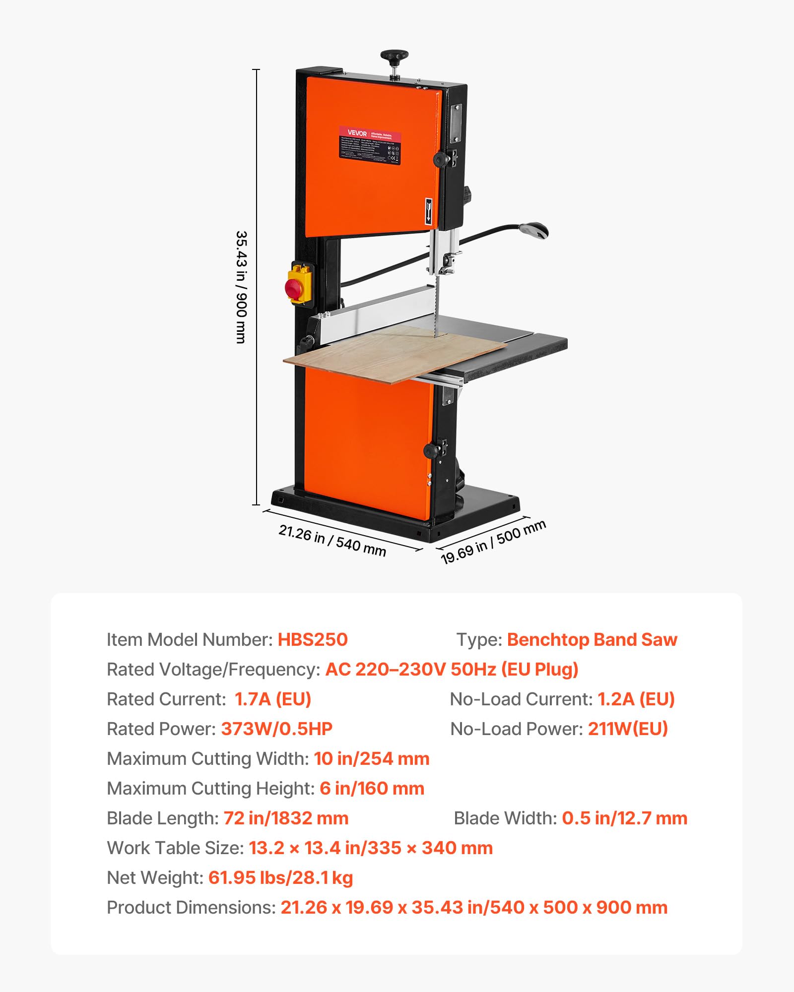 VEVOR Sierra de Cinta, Ancho de Corte de 254 mm, 2 Velocidades, Motor de 373 W, Altura de Corte de 160 mm, Mesa de Hierro Fundido de 335 x 340 mm, Luz de Trabajo de 360 Grados, para Carpintería