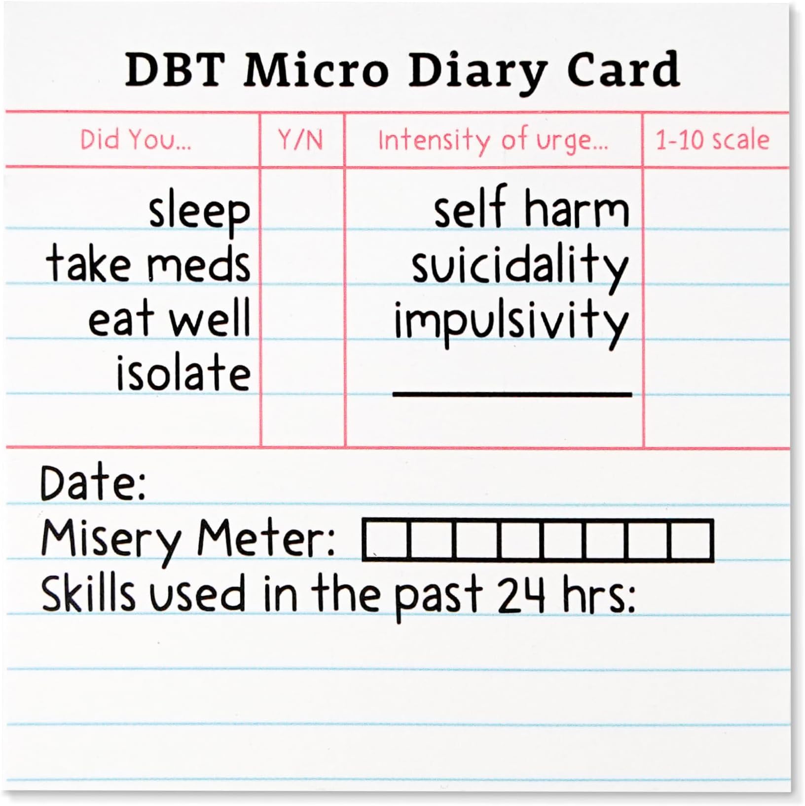 DBT Micro Diary Card Sticky Notes, 4 x 50 Sheets, Mini Mental Health Tracker Journal 10 x 10 cm