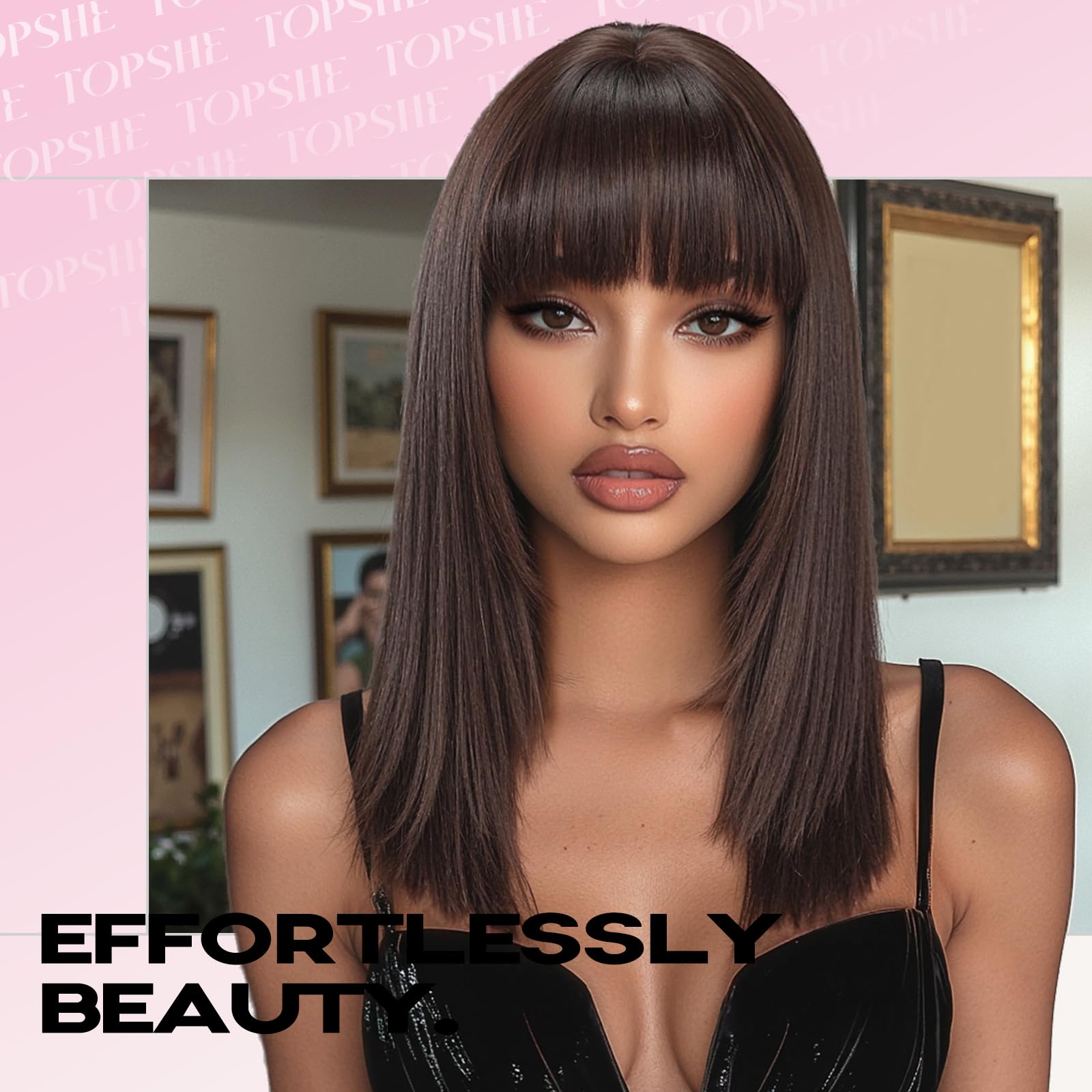 Amazon.com : topshe Brown Wigs with Bangs Layered Straight  display picture 2