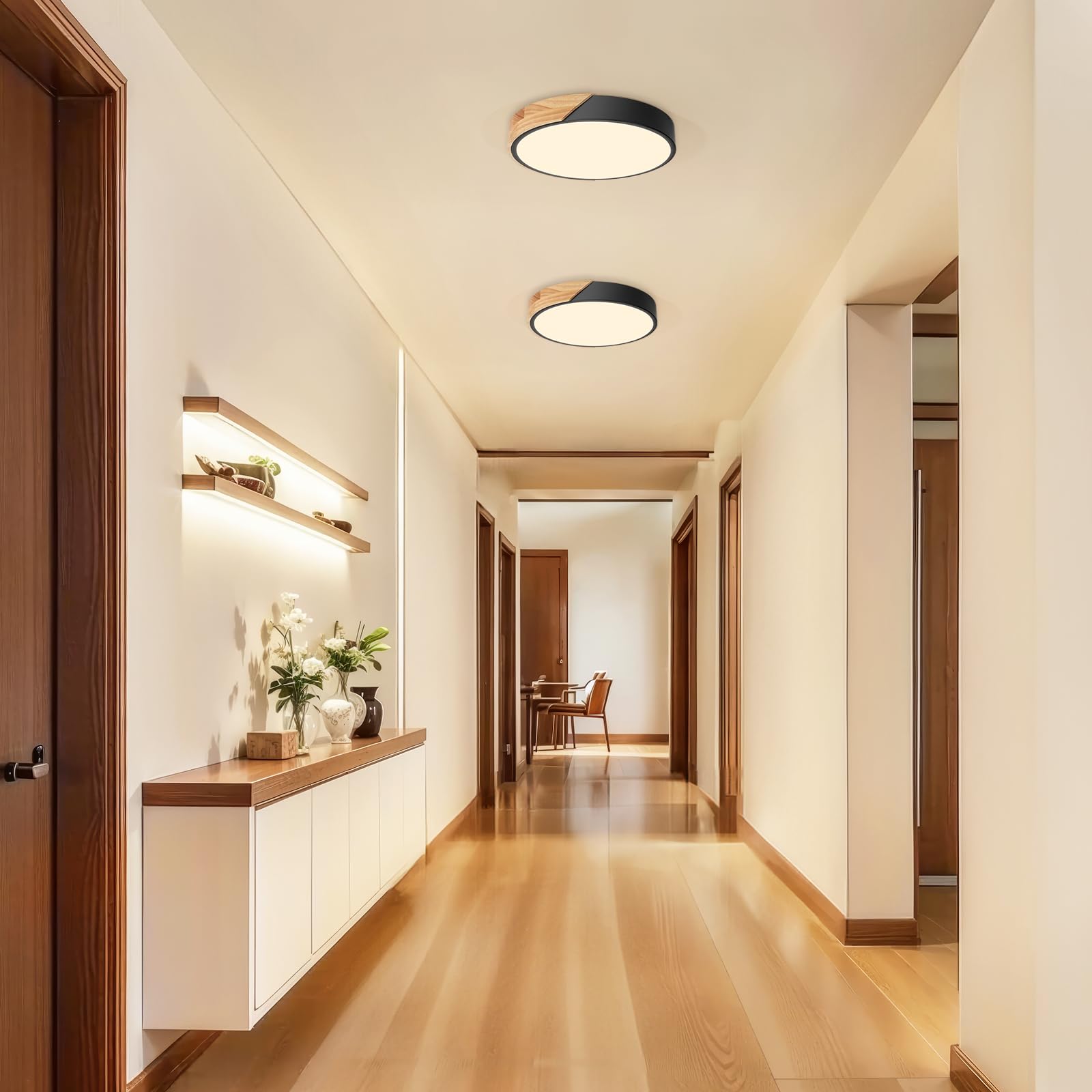 Kambo LED Deckenleuchte 24W ∅30cm, Moderne Deckenlampe Schwarz mit Holzoptik 3000K, für Wohnzimmer, Schlafzimmer, Küche, Flur, Balkon