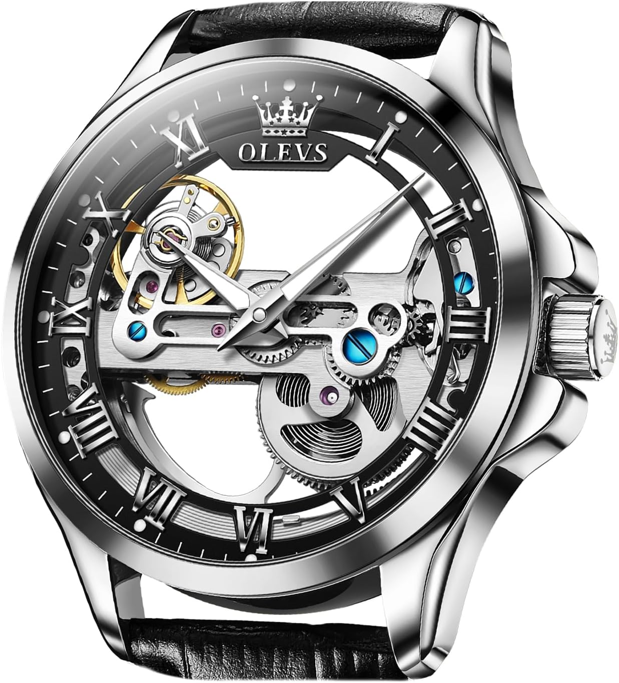 OLEVS Skeleton Automatic Watches for Men Black Leather Band