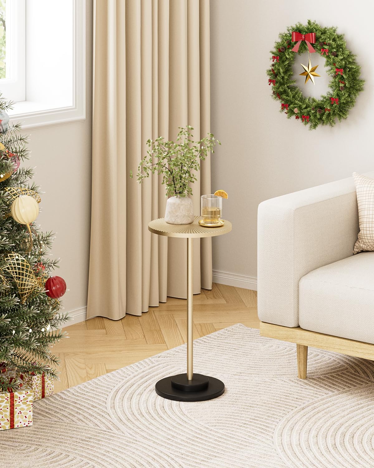 Round Side Table, Small Drink Table for Small Spaces, Modern Accent End Table with Metal Leg for Living Room, Bedroom, Corners, and Office (Gold)