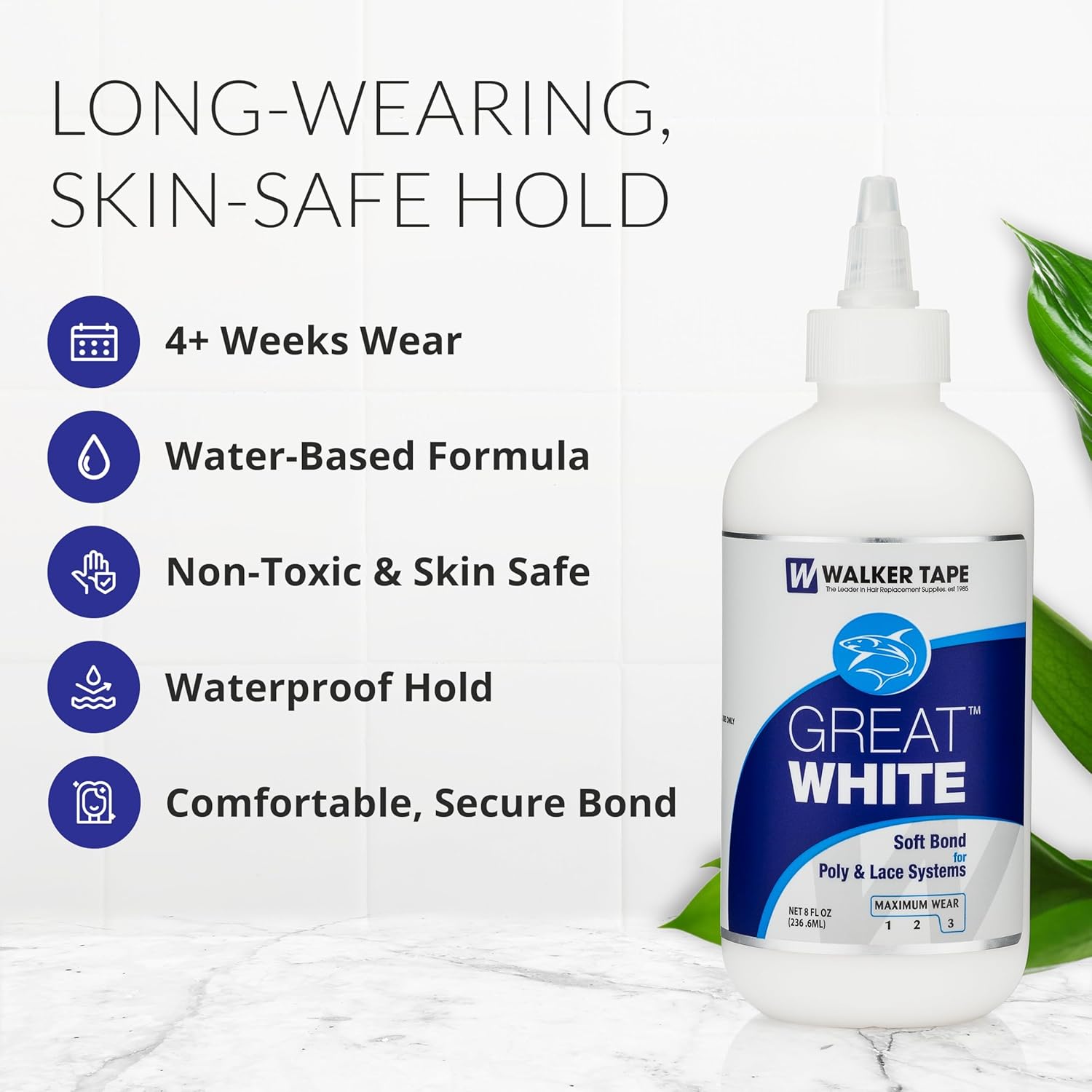 Walker Tape Great White Squeeze Bottle Adhesive 8 fl oz, Waterproof Maximum Wear Lace Glue for Lace Front Wigs Human Hair, Skin-Safe Bond for Toupee Systems and Professional Hairpiece Installations