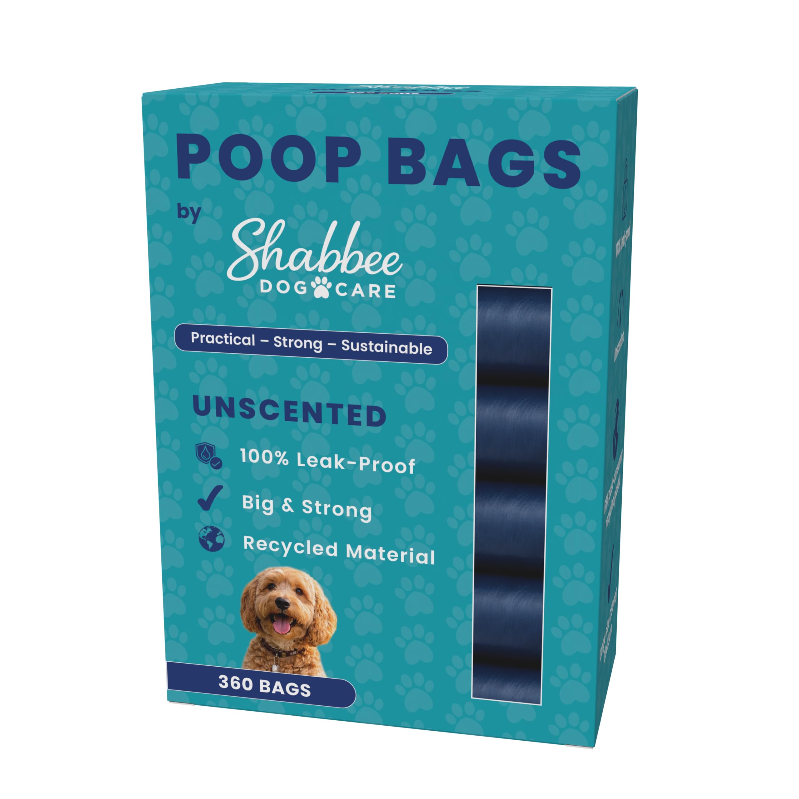Poop Bags by Shabbee Dog Care – Large Size 23x33cm, Strong & Tear Resistant, Guaranteed Leakproof, Unscented, Our dog poo bags are made with 80% Certified Post Consumer Recycled Material.