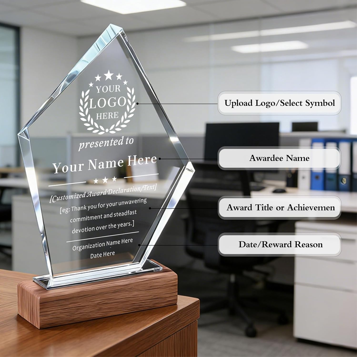 Ship Next Day, Custom Crystal Trophy - Personalized K9 Crystal Trophy with Company Logo & Text Employee Name, Engraved Award for Employee Recognition, Years of Service, Leadership, Appreciation