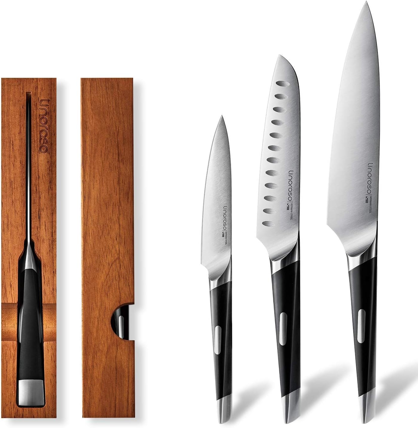 linoroso 3 Piece Forged German High Carbon Steel Chef Knife Set (Includes 7-inch Chef's Knife, 6-inch Santoku Knife and 4.5-inch Fruit Paring Knife), with 3 Oak Knife Storage block for Each Blade