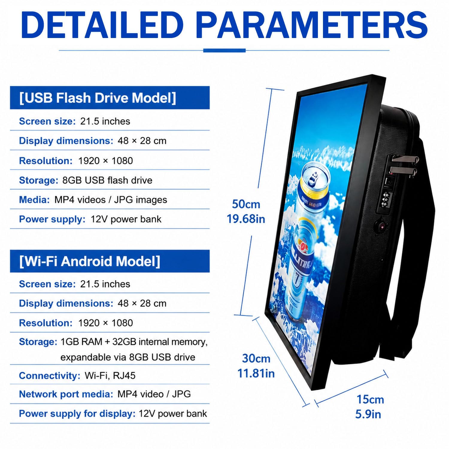 Zaino pubblicitario LCD da 21,5",sistemas operativo Android USBflashdrive | Display digitale con luminosità di 1000 nit, con app per chiavetta USB/smartphone.