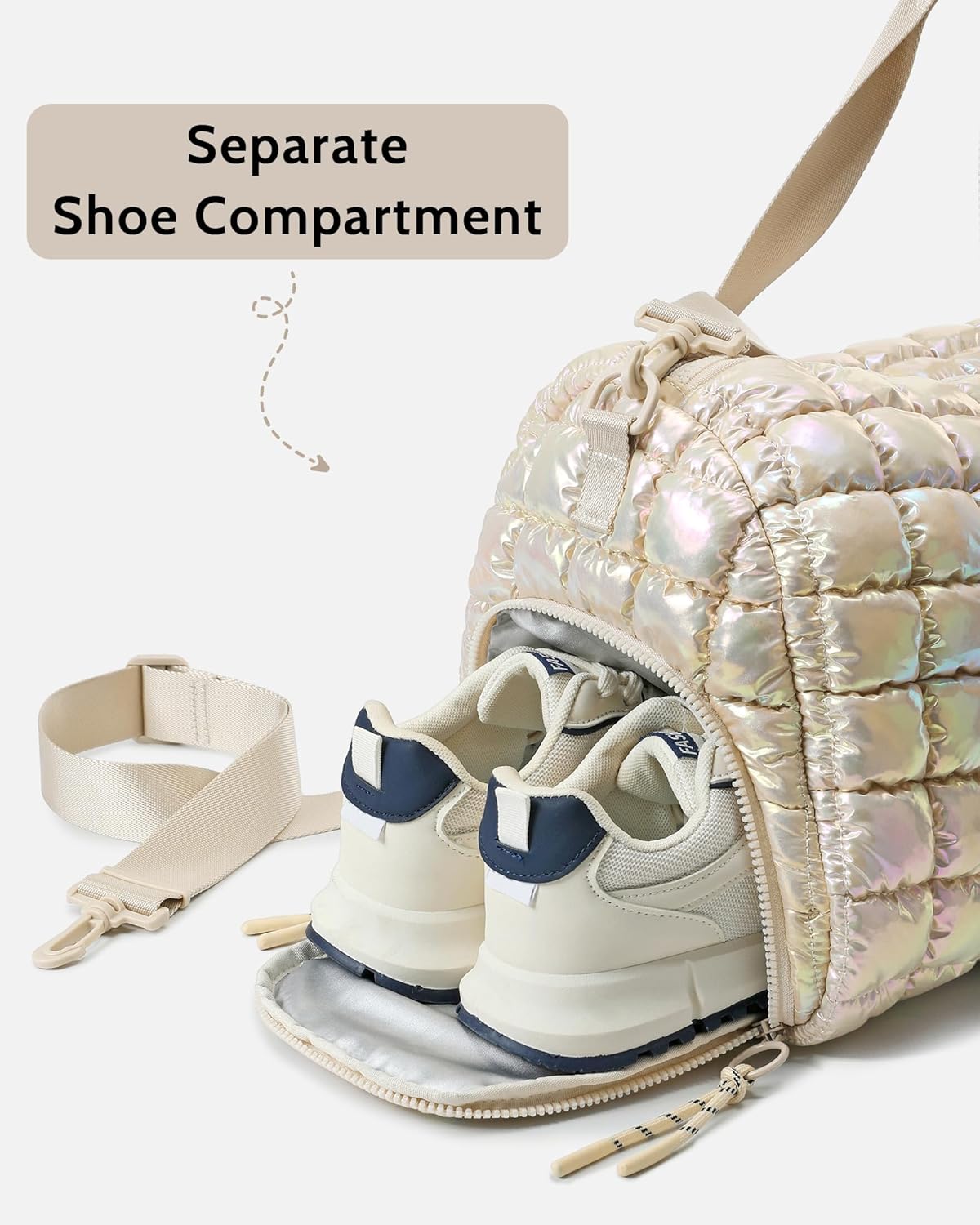 Quilted Duffel Bag for Women, Puffer Gym Duffle Bag with Shoe Compartment Lightweight Large Crossbody Sport Travel Bag Tote Beige Mermaid