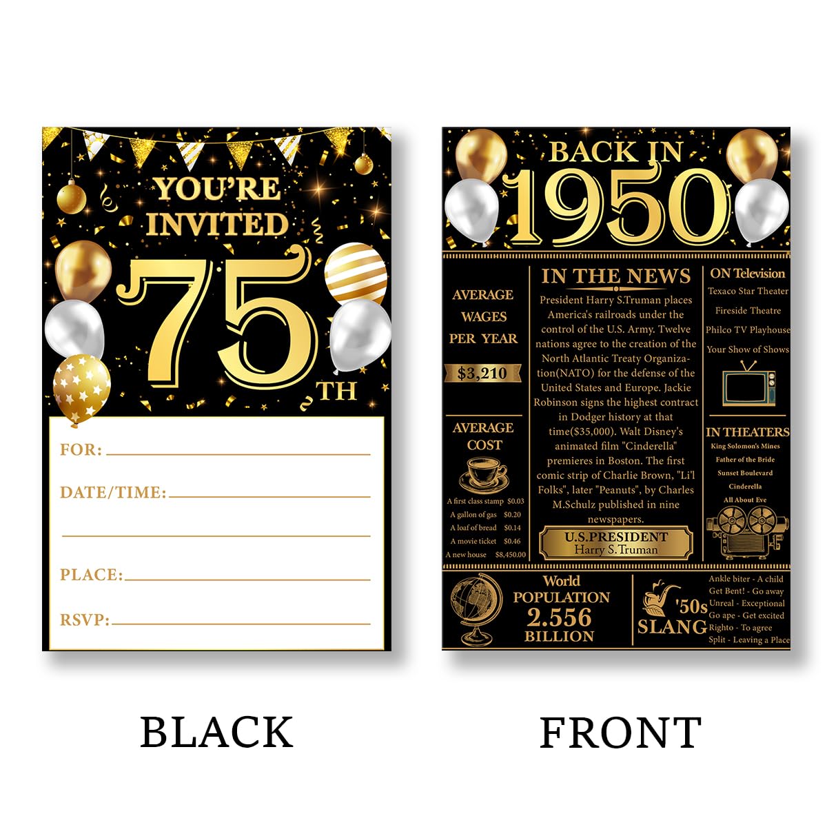 QZJ 75th Birthday Party Invitations for Women Men - Back in 1950 Invites 75 Year Old Party Invitations Set for Birthday Anniversary (20 Invites and Envelopes)