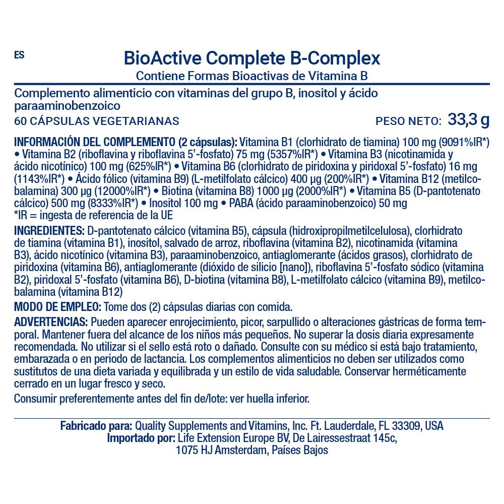 Life Extension - BioActive Complete B-Complex 60 Cápsulas - Complejo de Vitaminas B de Espectro Completo para Energía y Metabolismo, Salud Cerebral y Celular