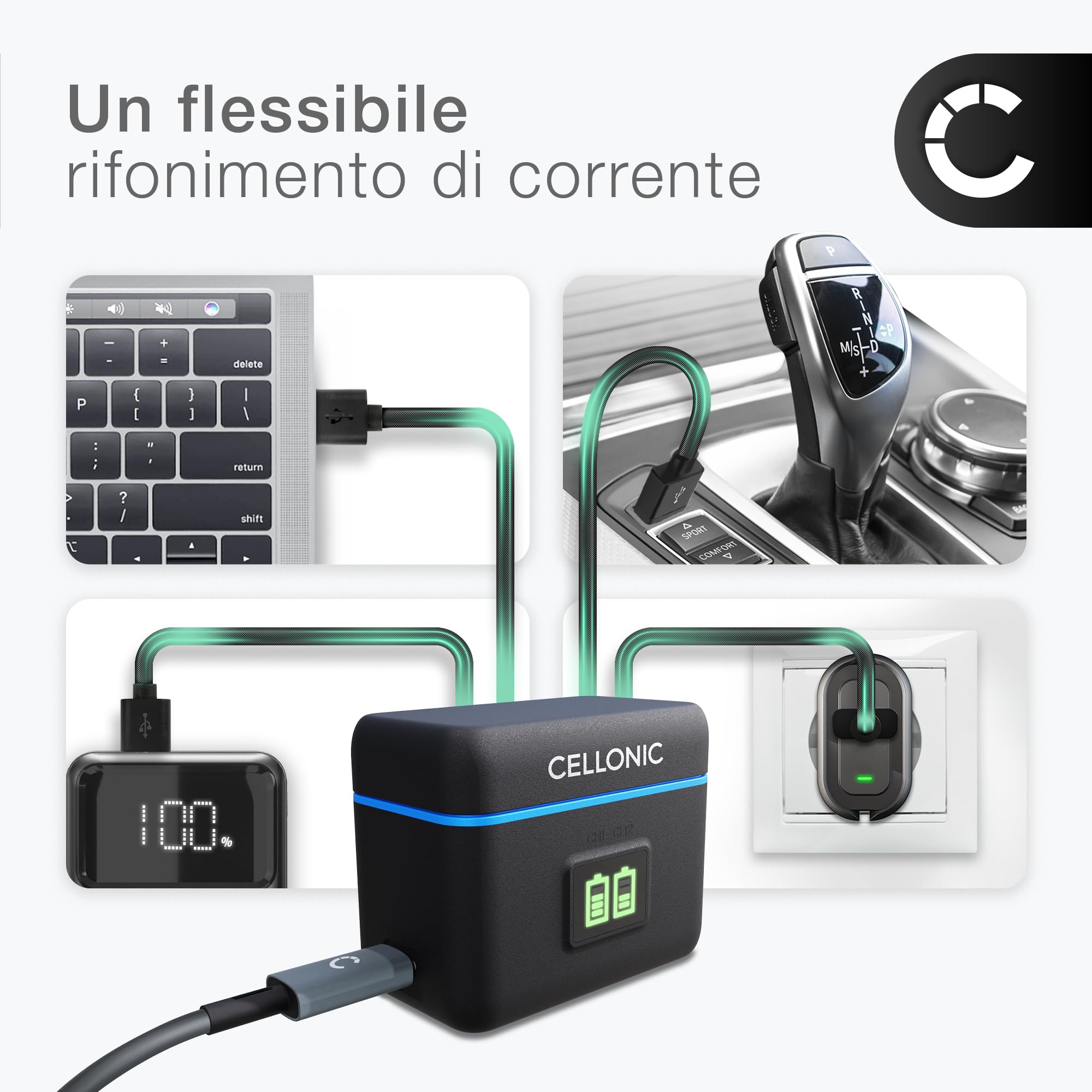 CELLONIC Custodia di ricarica USB a 2 slot compatibile con Insta360 X4 – cavo USB da 60 cm incluso