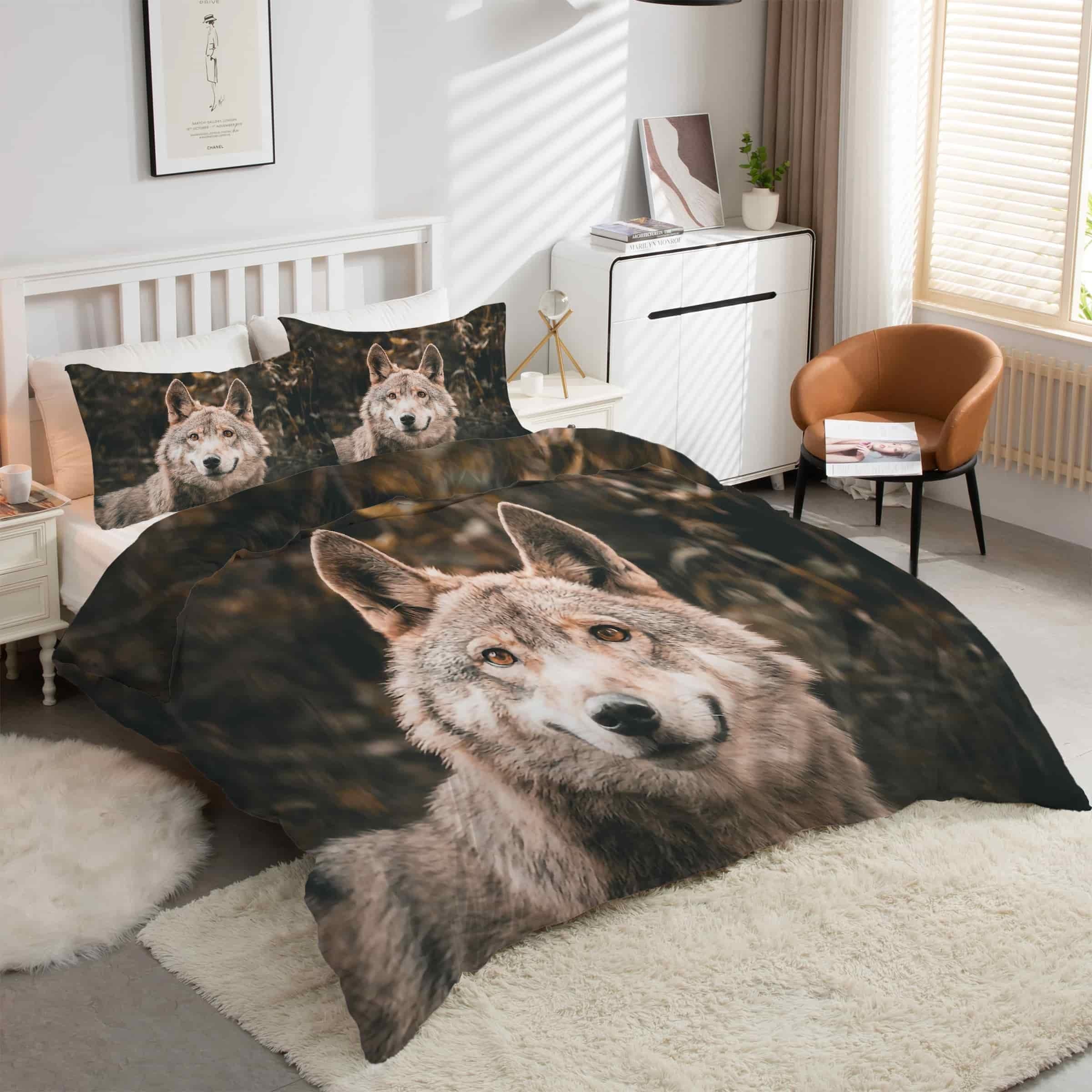 Housse de couette 160x200 loup gris avec 2 taies d'oreiller en microfibre kK2019