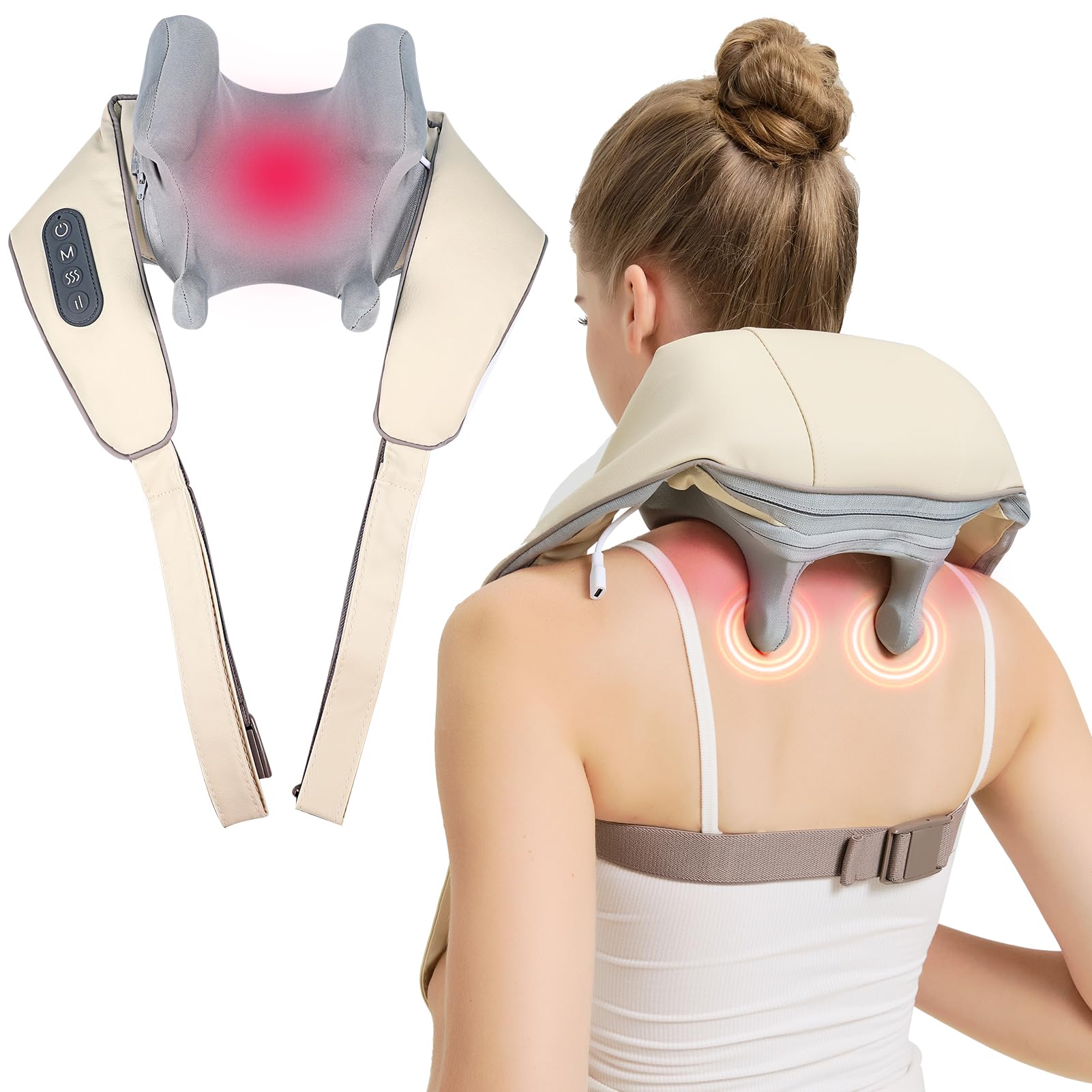 4D Wireless Deep Tissue Kneading Neck Massager with Heating Function, Shiatsu and Shoulder Massage Pillow,Back and Leg Pain Relief, Body Muscle Pain Relief, Perfect Gifts for Men Women. (White?