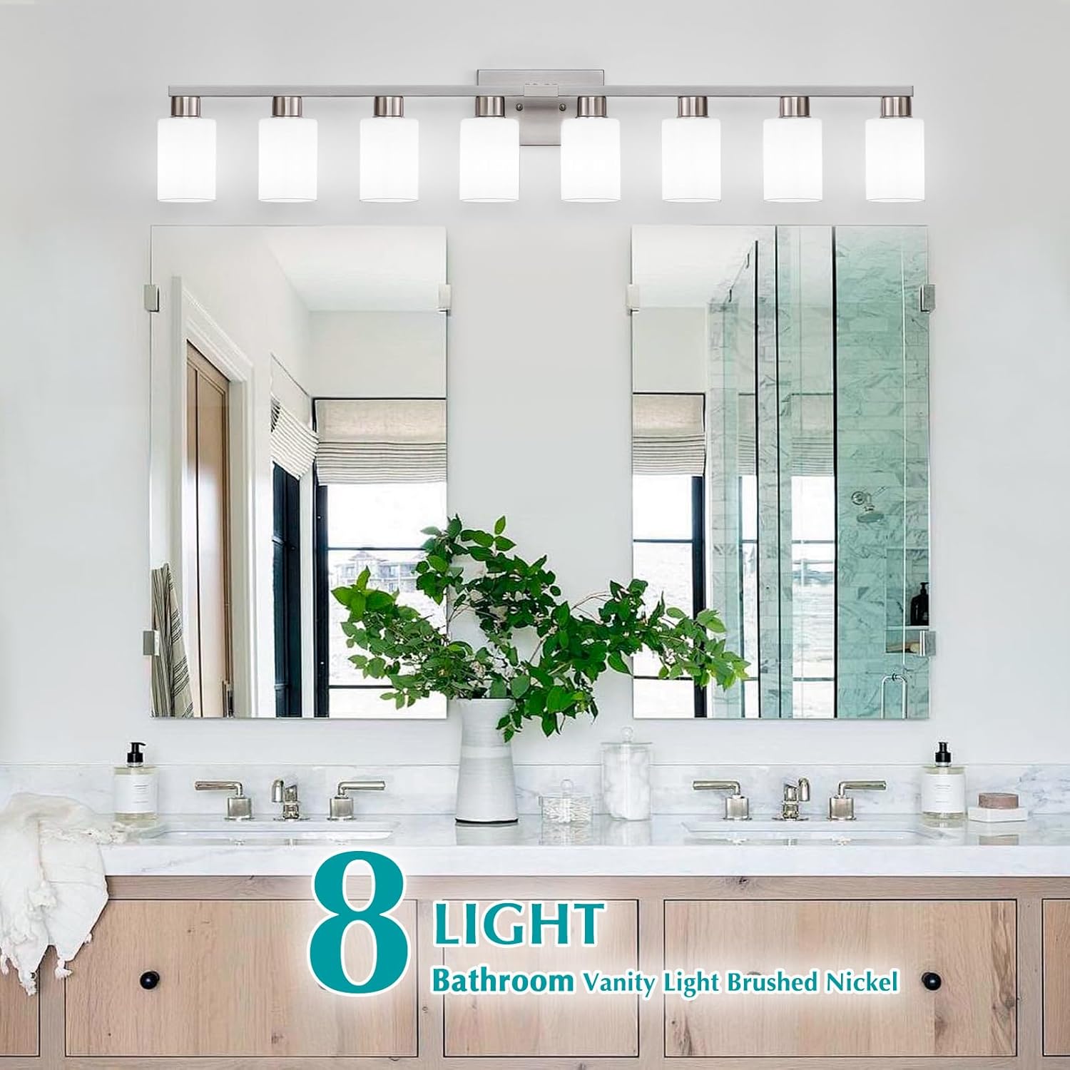 8-Light Bathroom Vanity Light Brushed Nickel Bathroom Light Fixtures 8 Light Vanity Lights for Wide Mirrors Nickel 8-Light Long Wall Sconce with Milky White Frosted Glass Shades for Bath Living Room
