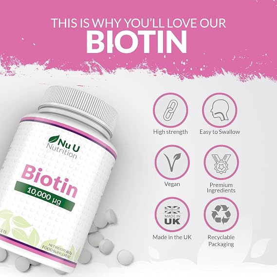 Biotin 10,000mcg - 365 Vegan Micro Tablets - 1 Year Supply - Hair, Skin & Nails Growth Supplement for Women & Men - Made in the UK - Nu U Nutrition