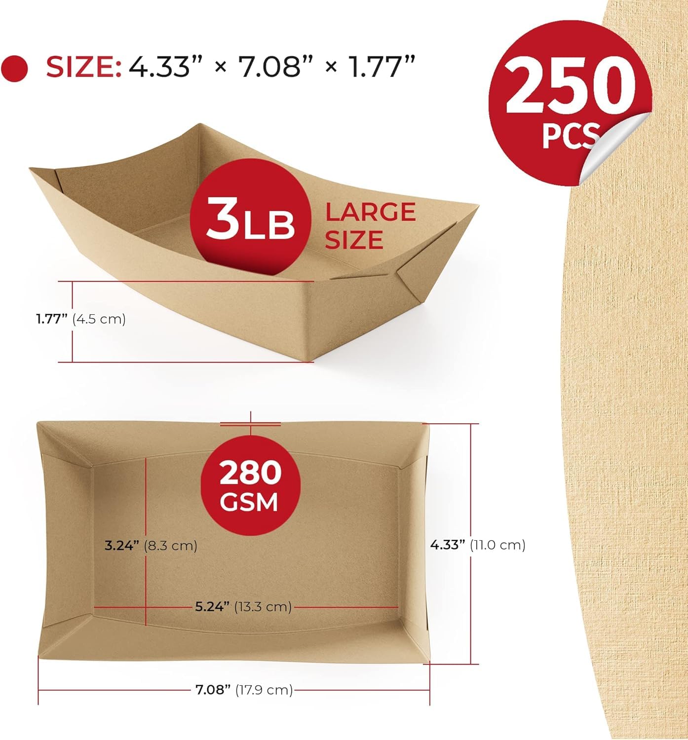 SPARGOS Bandejas de comida para fiestas 3LB marrón (250 uds) - Bandejas para hot dog a prueba de fugas y seguras para congelador - Cajas desechables de cartón para servir nachos, papas, cine.