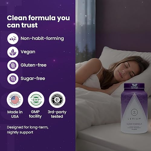 Miniatura 6 de Levium Suplemento de fórmula para dormir Cápsulas naturales de ayuda para la relajación con melatonina, GABA, L-teanina, magnesio Botella de 60