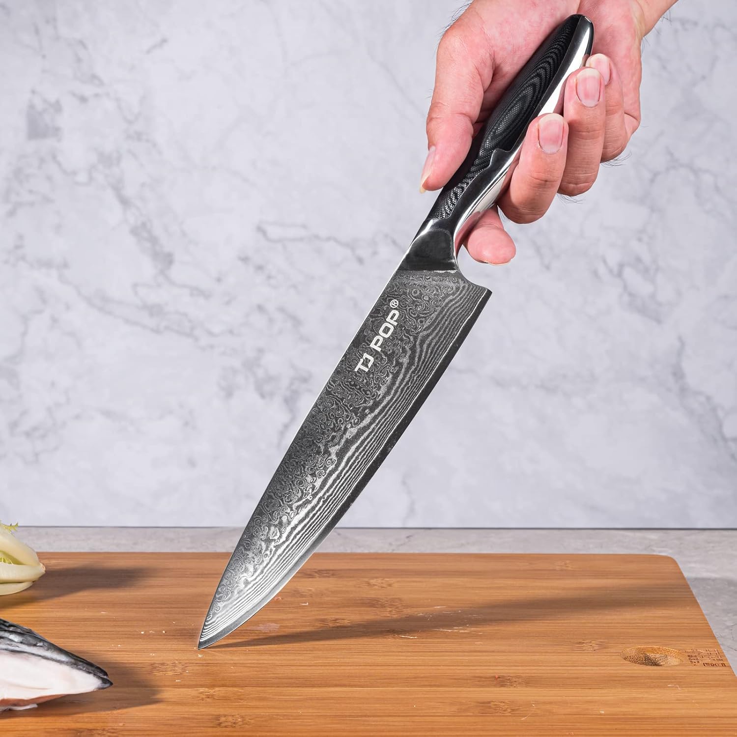 4-Piece Labeled Acacia Wood Cutting Board Set with VG-10 Damascus Chef Knife, Kitchen Prep Bundle for Meat, Vegetables & Fruits