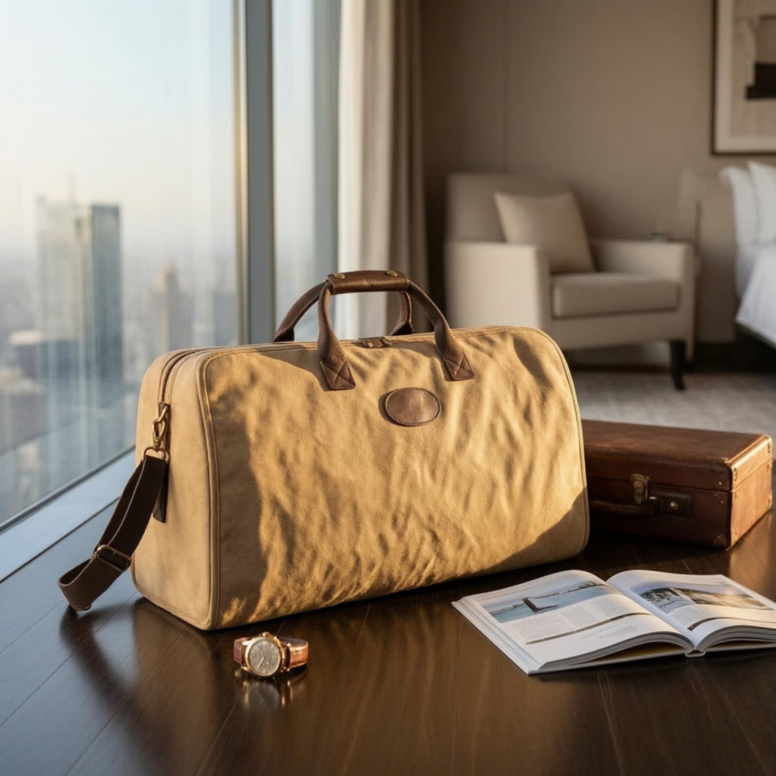 Borsa da Viaggio Pieghevole Borsone Duffel Trolley Valigia Tela con Tracolla Regolabile Manici Rinforzati Struttura Rigida in Tela E Pelle Adatta a, Array, Cachi