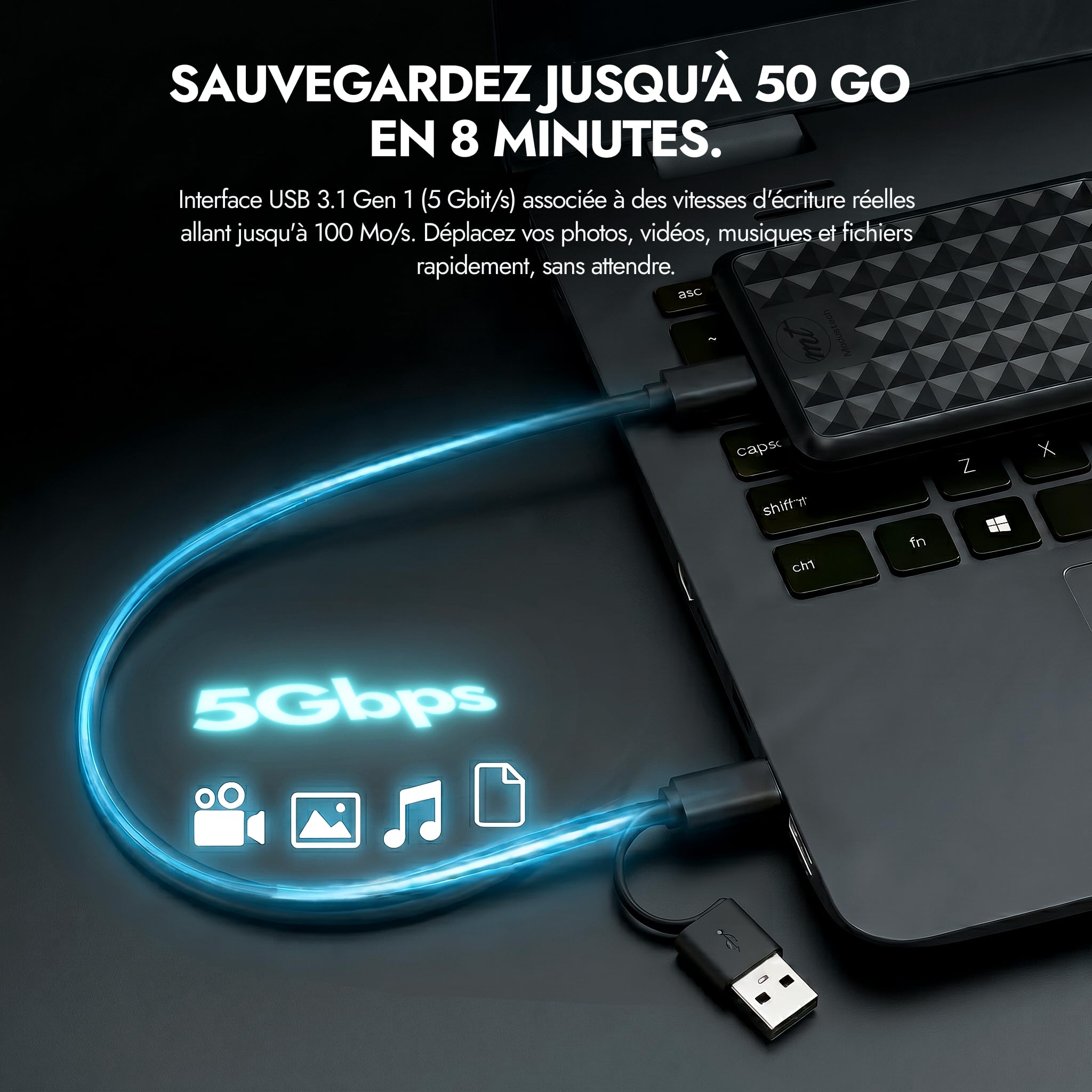 Disque dur externe 500 Go – Disque dur portable USB 3.0 / Type-C haute vitesse – Compatible avec Windows, Mac, PC, PS4 et Xbox – Stockage fin pour sauvegarde de données, films, jeux et photos (500 Go)