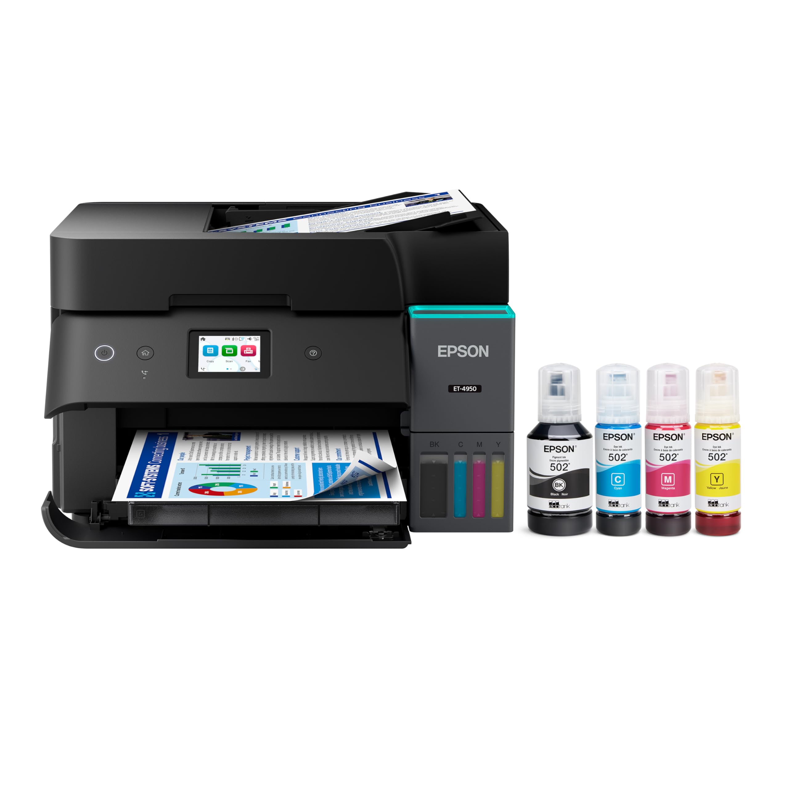 epson ecotank et-4950 wireless all-in-one color supertank printer with up to 3 years of ink refillable tanks perfect for home 18 ppm 2434 color touchscreen auto document feeder  black