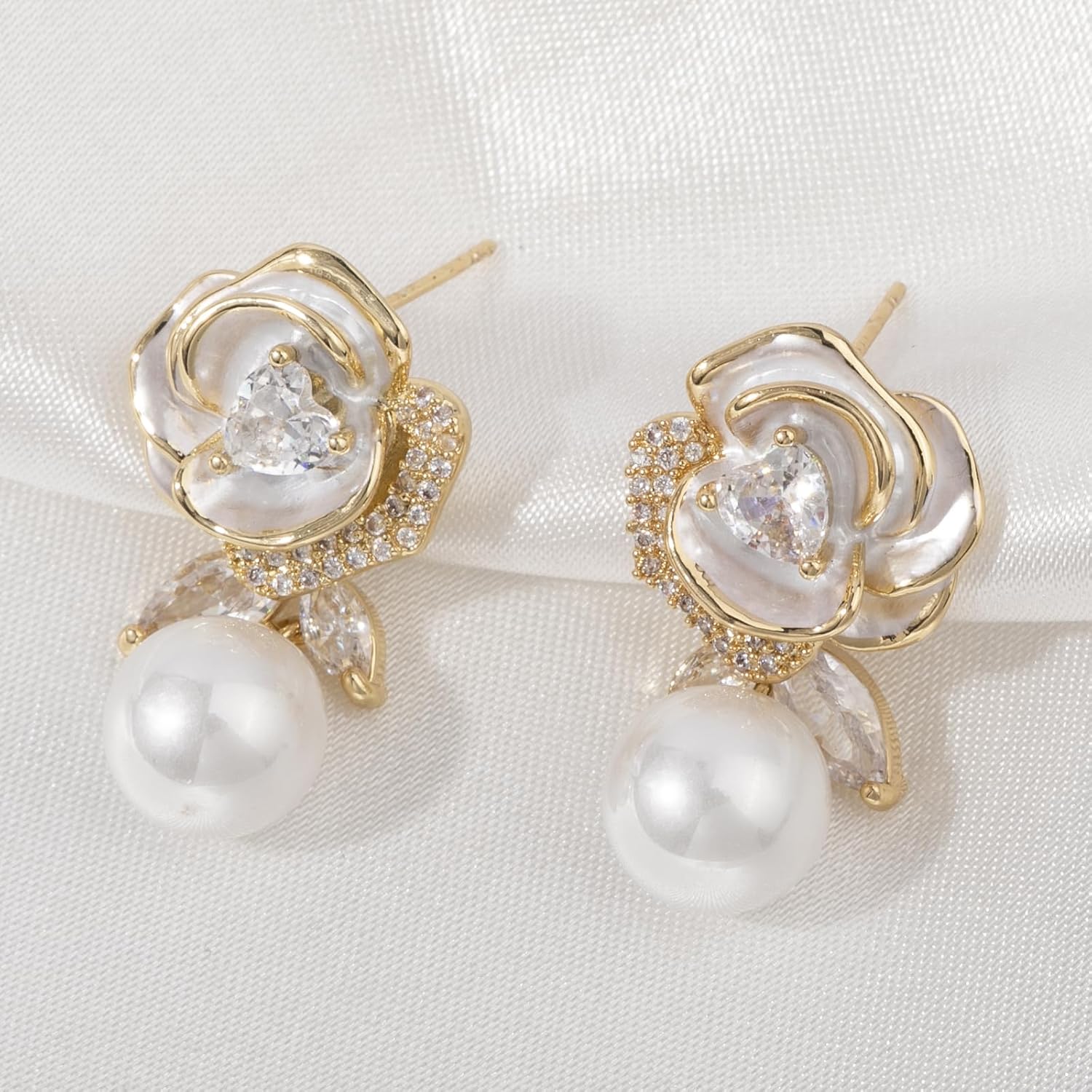 Elegant Pearl Flower Earrings for Women Cubic Zirconia Gold Floral Earrings Dangle Lightweight - Image 5