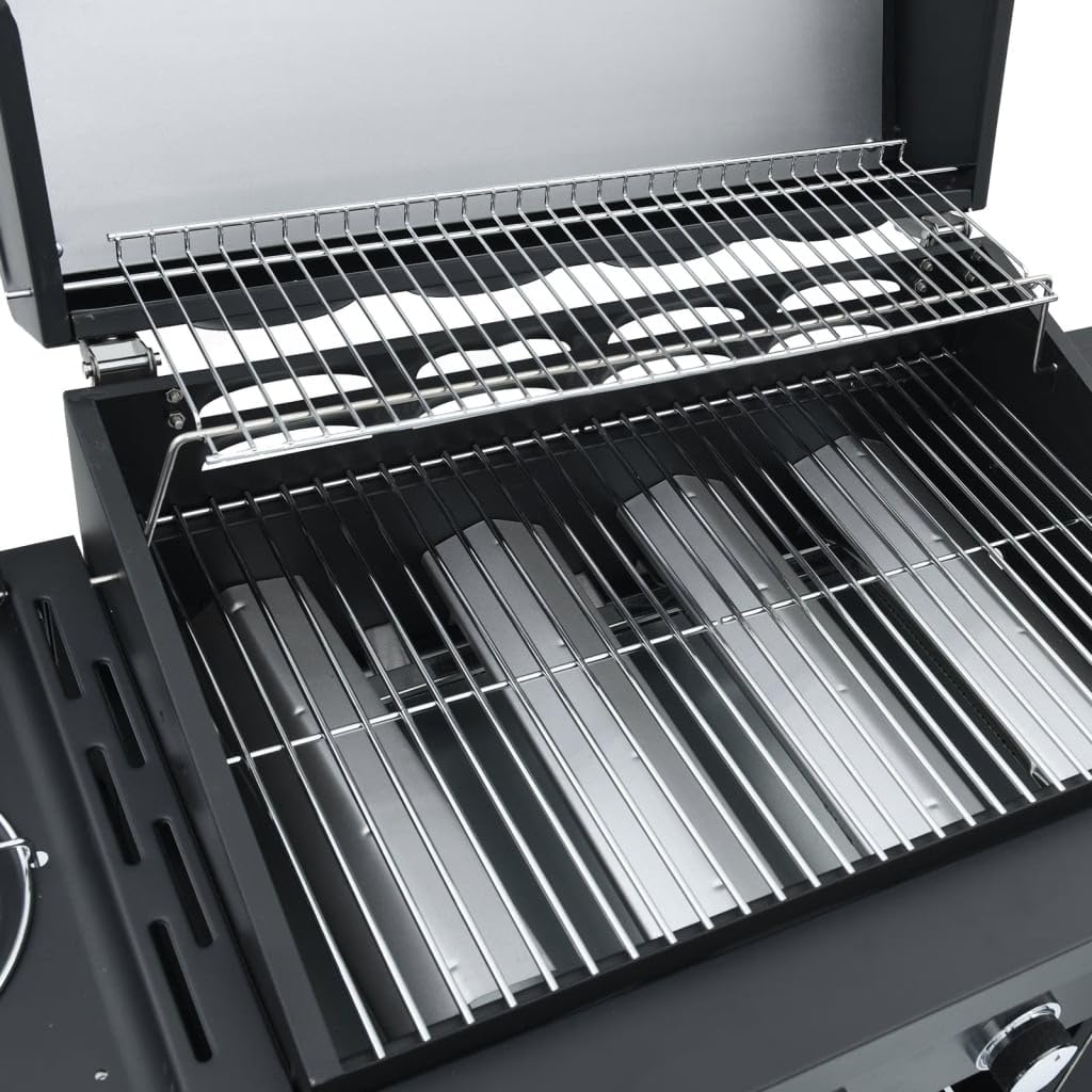 Barbecue a gas con 5 fiamme, 16 kW, per esterni, con termometro, ripiani laterali, ruote, acciaio verniciato a polvere, nero