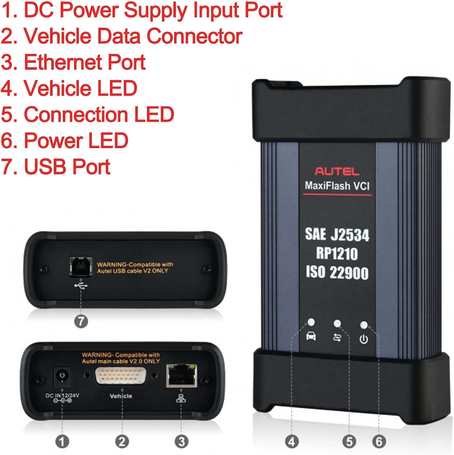 Autel MaxiFlash VCI Kit, J2534 Pass-Thru Programming Device, Compatible with MS909/MS909EV/MS909CV/Ultra Lite/Elite II Pro, Supports CAN FD, DoIP, RP1210, ECU Coding & BMW Benz Programming