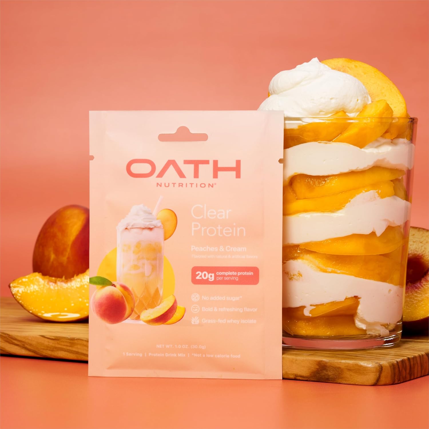 Oath Nutrition Clear Whey Isolate Protein Powder, Peaches & Cream, 20g Complete Protein per Serving, No Added Sugar, Grass-Fed, Single Serving (6 Count)