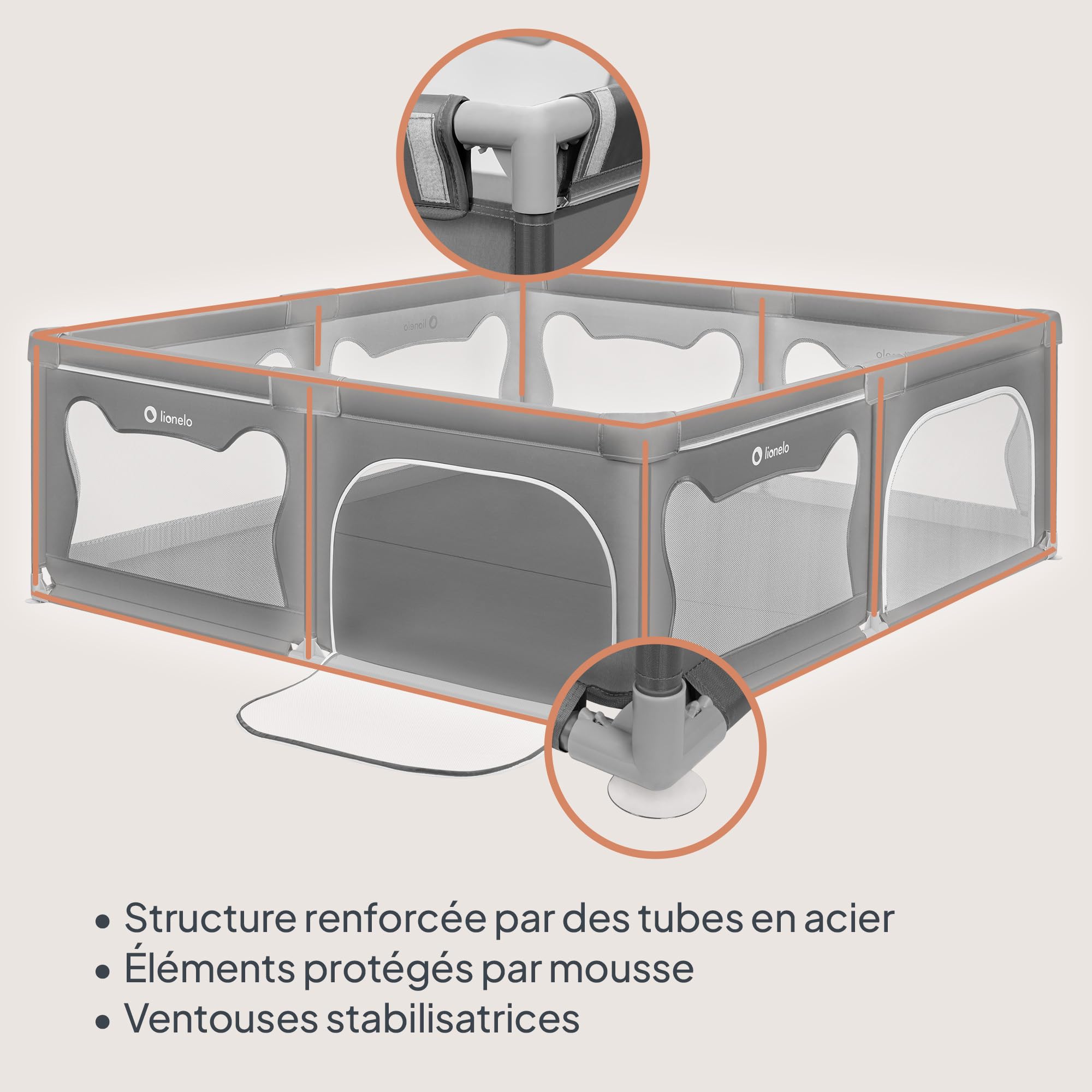 LIONELO WILLOW XL Parc Bébé Pliable, 0-48 mois, Grand Espace de 187 cm x 207 cm x 68 cm, Barrière Parc Bébé en Maille Respirante, 2 Entrées Latérales Zippées (Gris) (Grey)