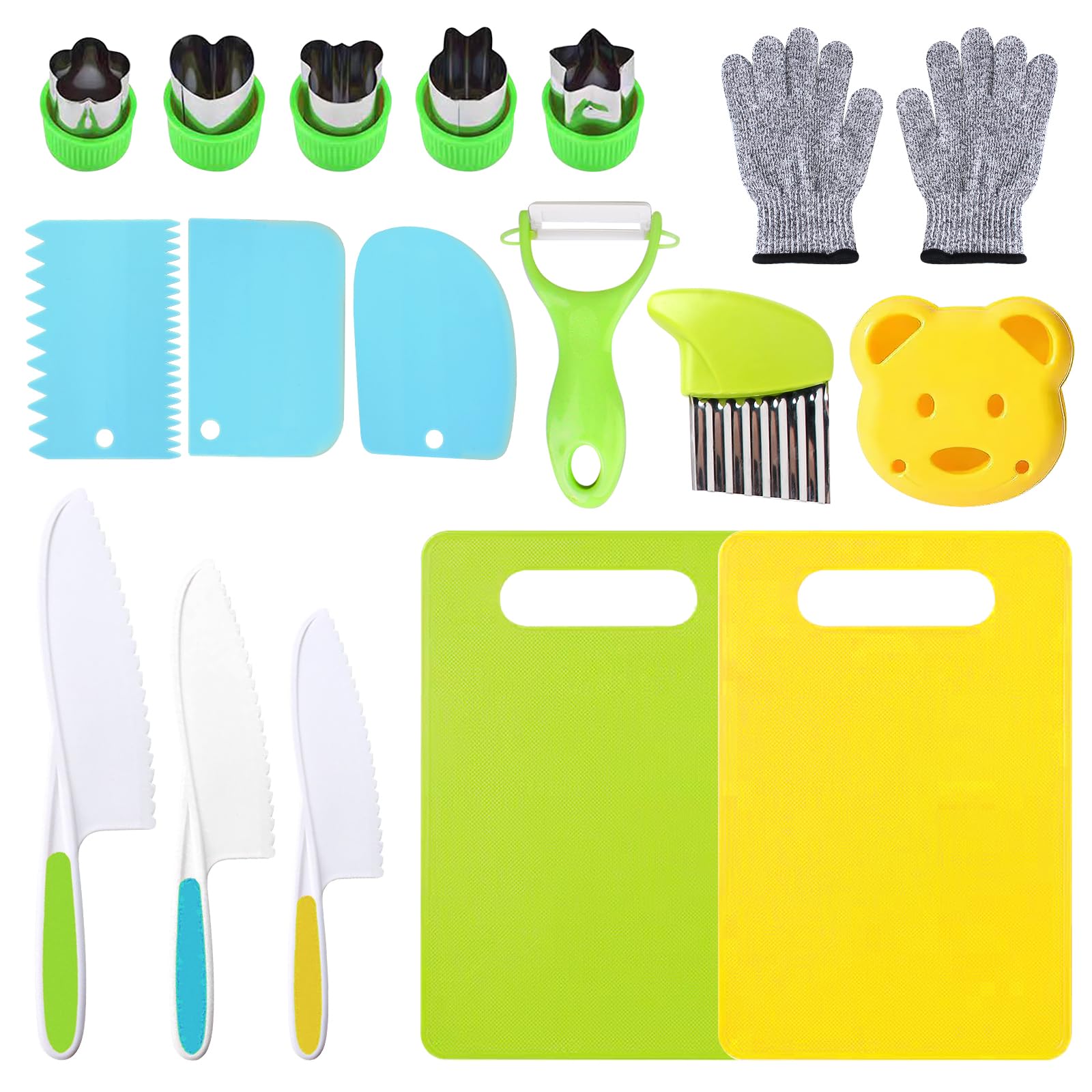 Kindermesser 18-Teiliges Kinder-Küchenmesser-Set, Sicherheit Kndermesser, Sicherheit Küchenmesser zum Schneiden Obst Oder Gemüse, Inklusive Gemüse Ausstechformen Holzmesser Schneidebrett Handschuhe