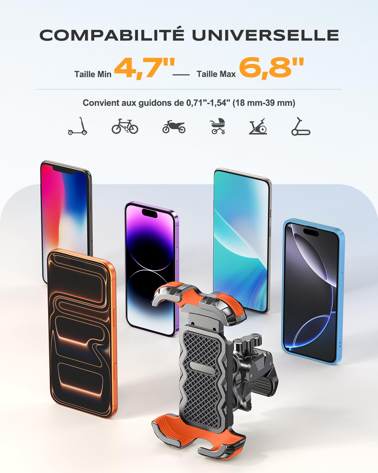 Babacom Support Telephone Moto Anti-Vibration, [1s Verrouillage Sécurisé & Antichoc] Support Telephone Velo Guidon, Accroche Solide & 360° Rotation, Installation Rapide, pour 4,7-6,8" Smartphone
