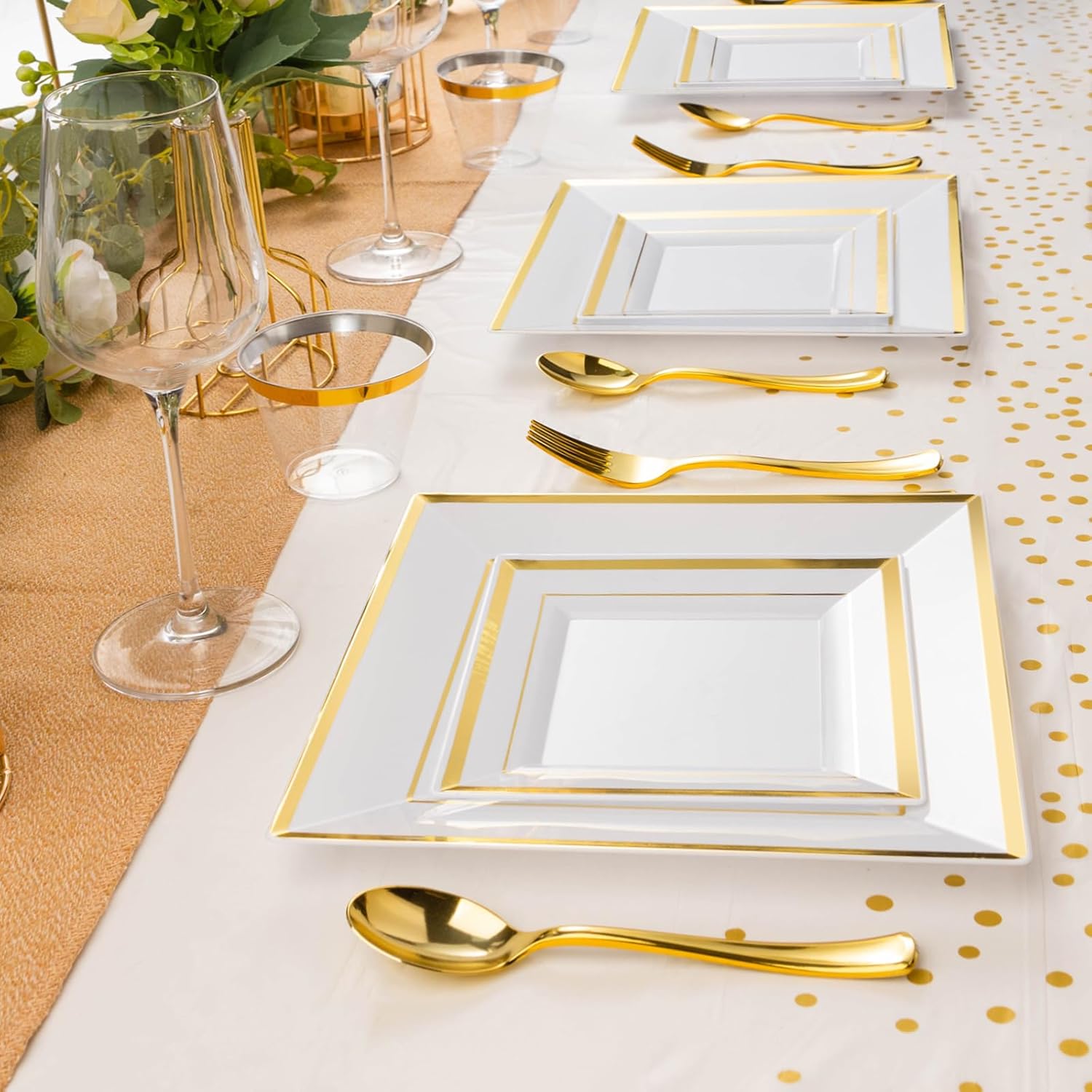 Goodluck 352 Piece Gold Dinnerware Set for 50 Guests, Thanksgiving Square Plastic Plates with Gold Trim, Include: 100 Plastic Plates, 50 Rolled Napkins, 50 Cups, 50 Cutlery Set and 2 Tablecloth - Image 6