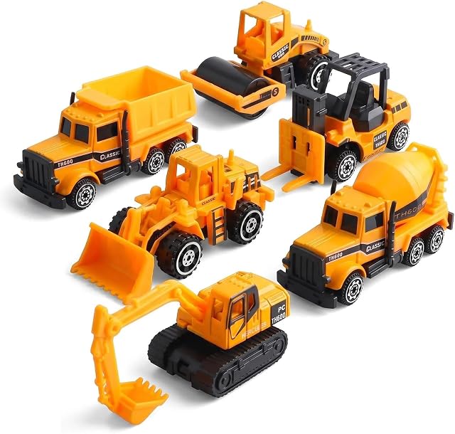 6 Pack Diecast Construction Vehicle Toy Set, Metal & Plastic Mini Construction Trucks (Excavator, Bulldozer, Dump Truck, Mixer, Roller, Forklift), Kids Construction Toys for Boys Girls Age 3+