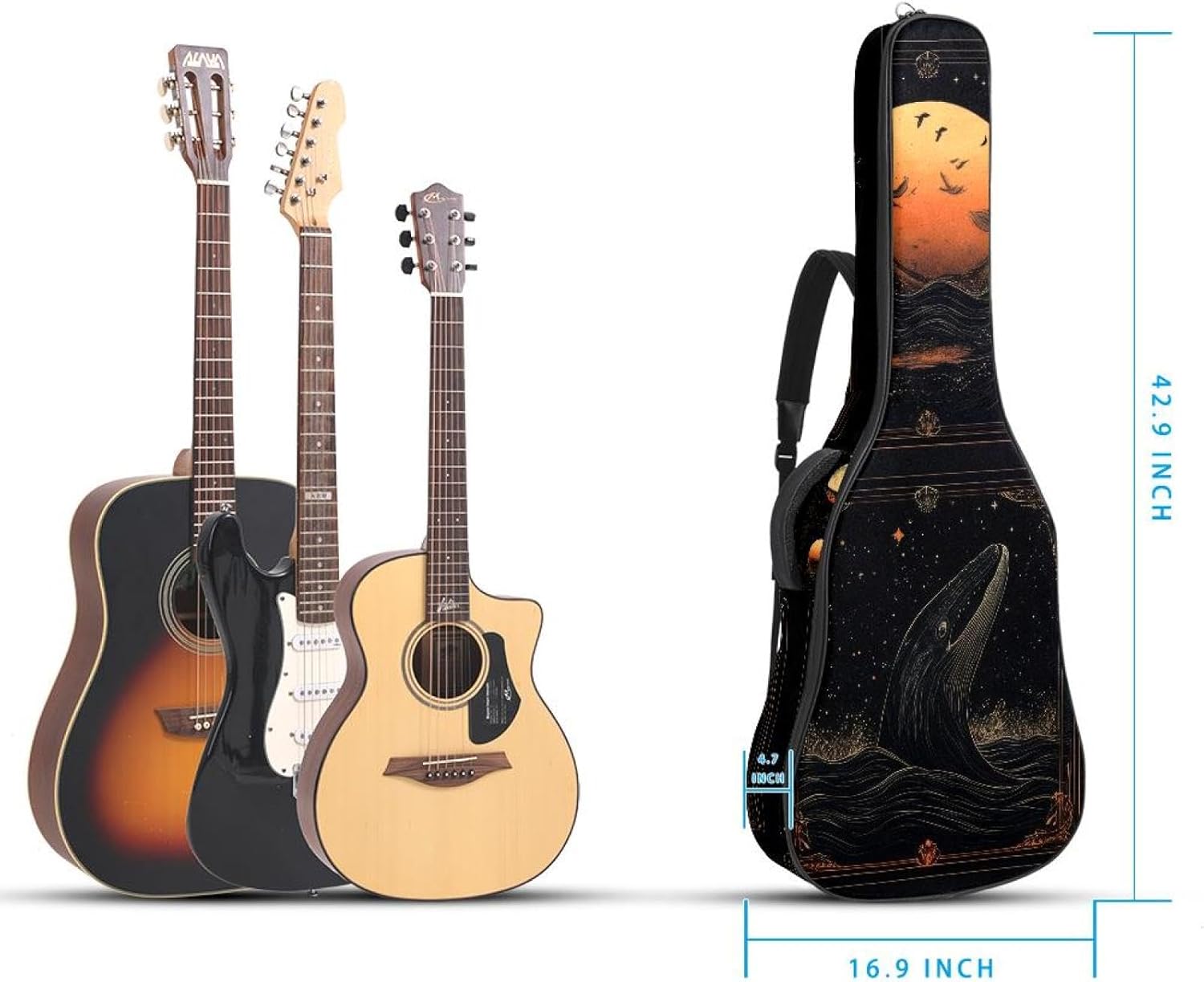 Acoustic Guitar Gig Bag 10mm Thick Padding, Soft Waterproof Guitar Case with Adjustable Backpack Straps for 40-42 Inch Guitar, Aesthetic Modern Whale Water and Full Moon