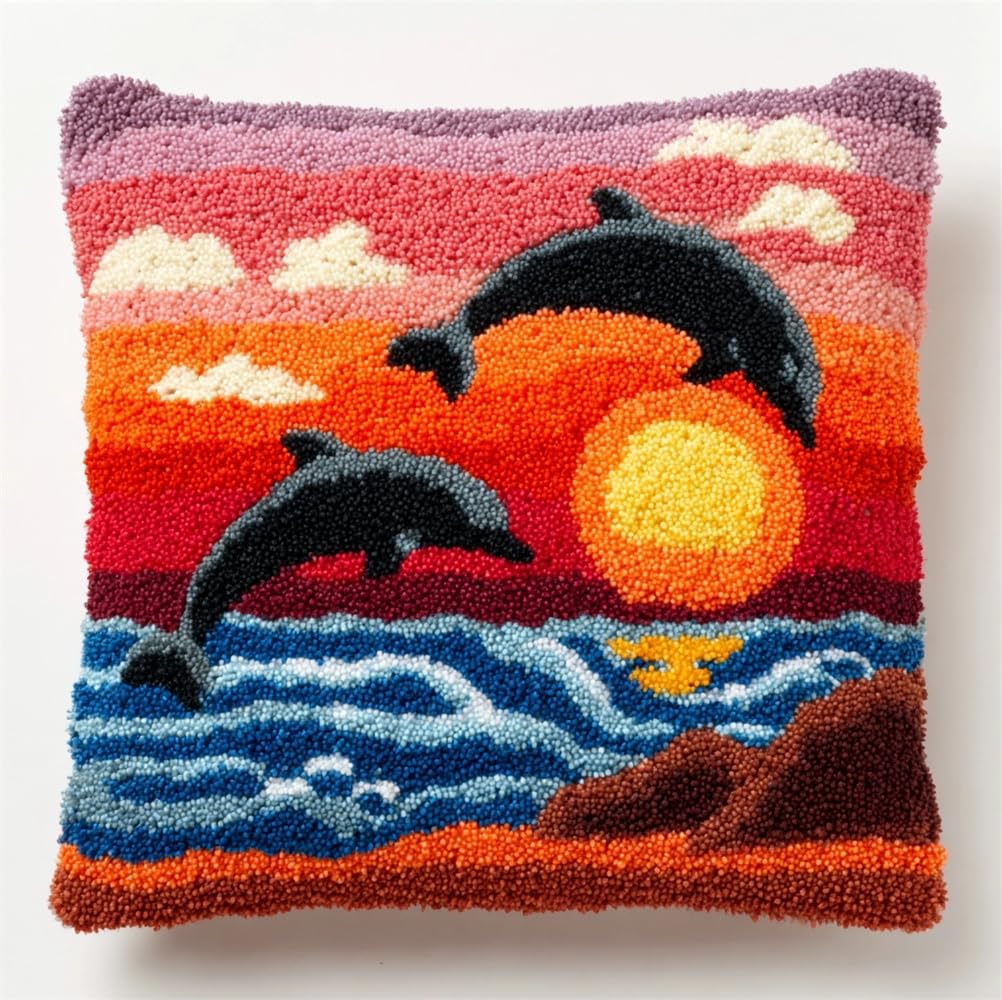 Latch Hook Pillowcase Embroidery Kit,Sunset Dolphin Latch Hook Cushion Cover For Adults And Beginners, 17X17 Inch Embroidery Kits 43X43Cm,Diy Needlework Pillow Cover Cushion Rug Making Kit,